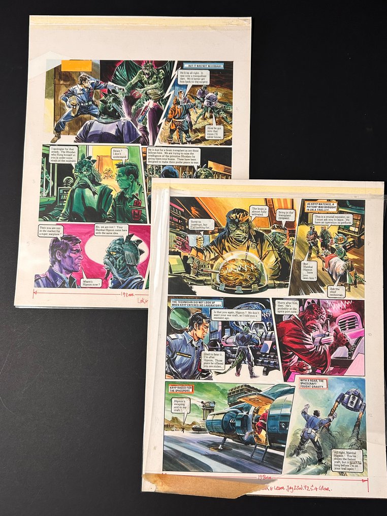 Two "Trigan Empire" pages for the story "The Brain Scientist" by Gerry Wood painted for Look and Learn, cover dated 22nd July 1978. In the story, a race of aliens is attempting to raise the intelligence of the others by giving them brain transplants. Marshal Hipzon has fooled everyone in order to steal the fastest Trigan craft there is... and he succeeds.