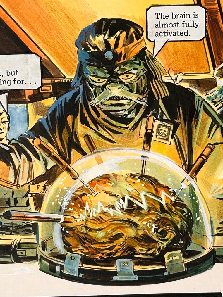 Two "Trigan Empire" pages for the story "The Brain Scientist" by Gerry Wood painted for Look and Learn, cover dated 22nd July 1978. In the story, a race of aliens is attempting to raise the intelligence of the others by giving them brain transplants. Marshal Hipzon has fooled everyone in order to steal the fastest Trigan craft there is... and he succeeds.