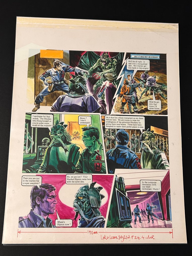 Two "Trigan Empire" pages for the story "The Brain Scientist" by Gerry Wood painted for Look and Learn, cover dated 22nd July 1978. In the story, a race of aliens is attempting to raise the intelligence of the others by giving them brain transplants. Marshal Hipzon has fooled everyone in order to steal the fastest Trigan craft there is... and he succeeds.