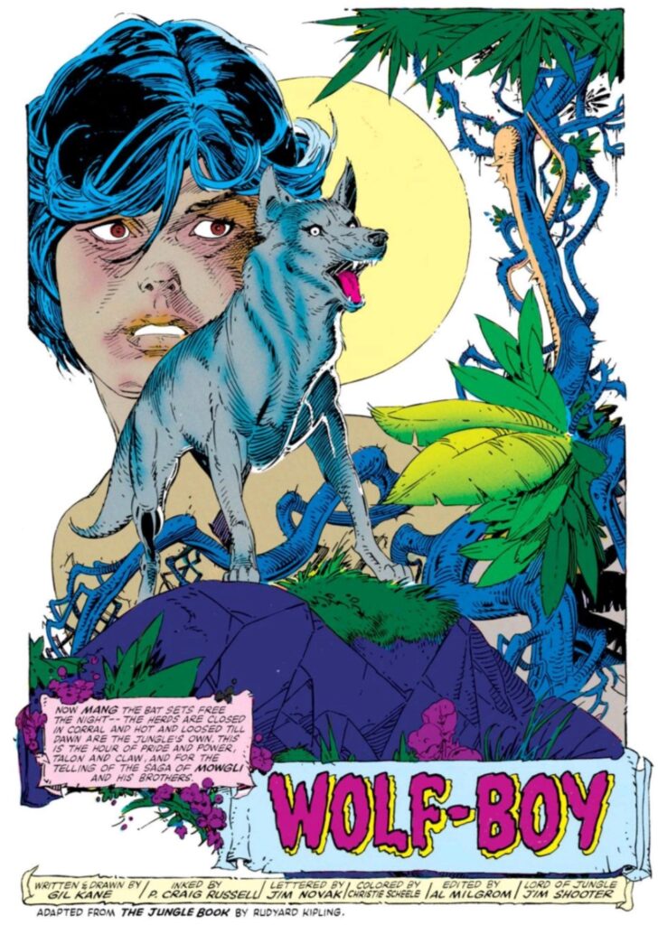 The first page to Roy Thomas and Gil Kane’s Jungle Book adaptation, originally intended for a mini-series but ended up in the back pages of Marvel Fanfare in the late 1980s, with gorgeous inks by P. Craig Russell