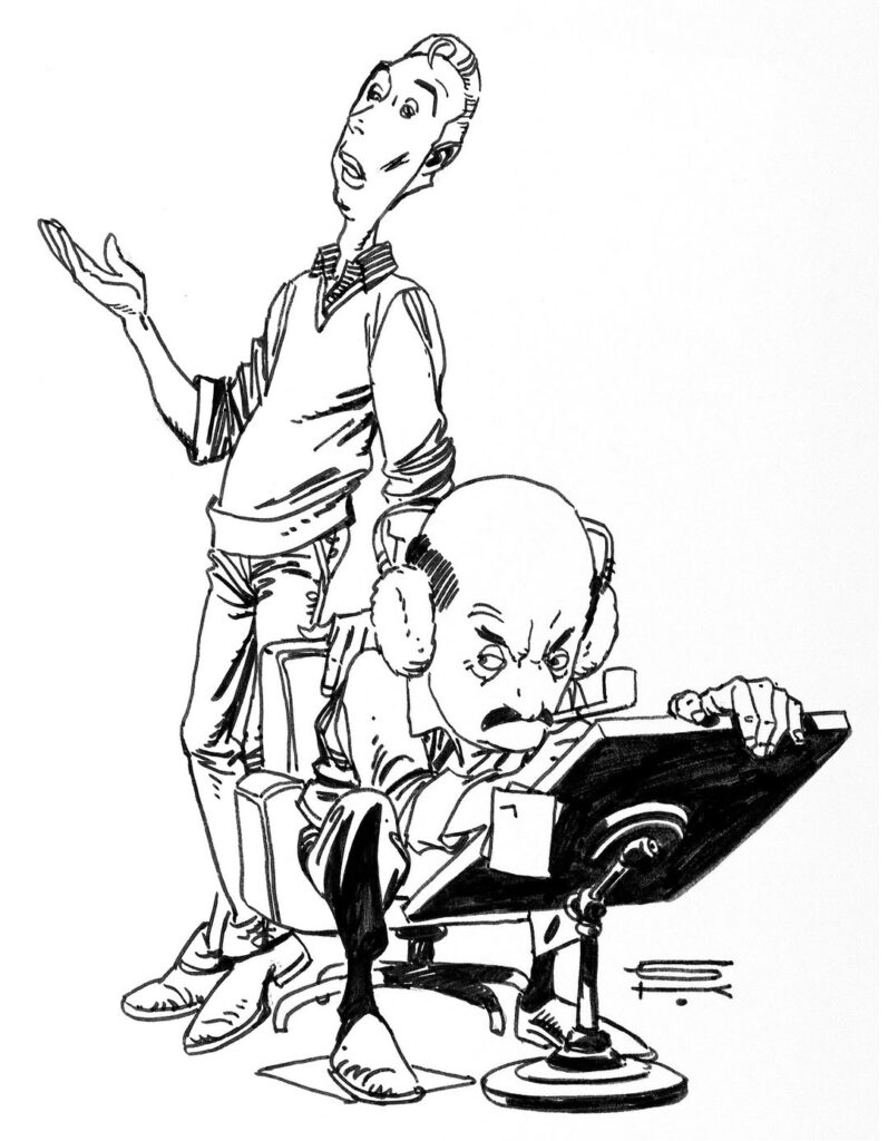 Known to talk at length, here Gil Kane discusses his career with Will Eisner, a self aware illustration by the artist himself, believed to be for a “Shop Talk” feature in Will Eisner Quarterly magazine from Kitchen Sink! With thanks to Scott Edelman 