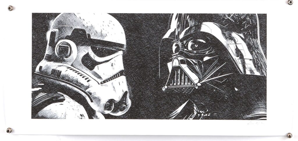 Star Wars 2 Sides to Every Story, Limited Edition Print, artwork by Chris Boyle, hand signed AP for Artists Proof, hand numbered 2/5, unfolded, 11 ¼ x 24 inches