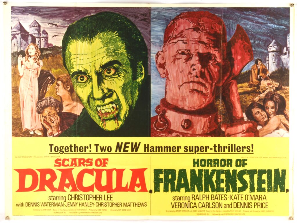 Scars of Dracula/Horror of Frankenstein (1970), British Quad Film Poster, for the Hammer horror double-bill starring Christopher Lee and Ralph Bates, artwork by Mike Vaughan, folded, 30 x 40 inches