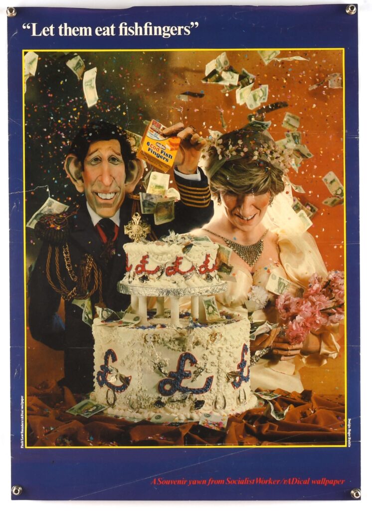 Spitting Image Promo Poster (circa 1984-85), for the British TV puppet show that lampooned famous public figures, here Prince Charles and Diana, captioned Let them eat fishfingers, design by Roger Huddle, rolled, 16 ½ x23 ¼ inches