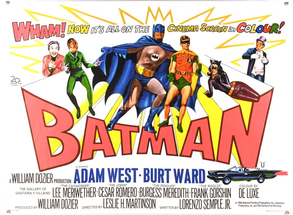 Batman (1966), British Quad Film Poster, this being the 1980s commercial re-print, reprising the Chantrell artwork from the original 66 release, unfolded, 30 x 40 inches