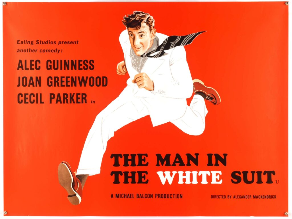 The Man In the White Suit (R-1980's) British Quad Film Poster, Ealing Studios comedy starring Alec Guinness, unfolded, 30 x 40 inches