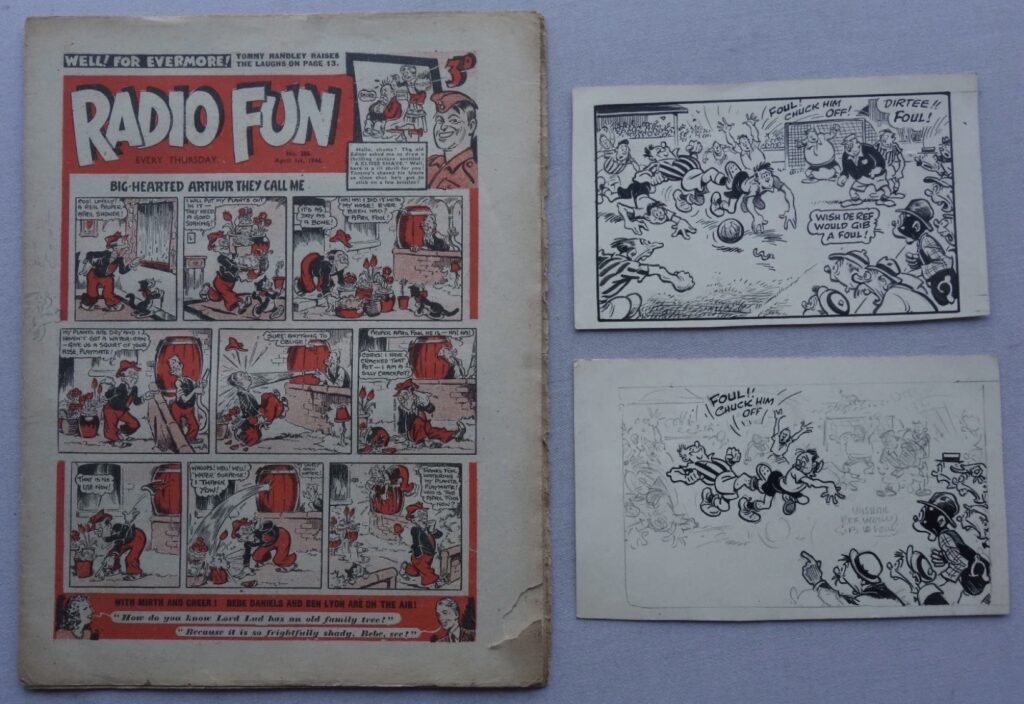 Radio Fun No. 286 cover dated 1st April 1944 April Fool issue, plus Preliminary Artwork by Roy Wilson. The panels were destined for the left hand panel in the last row of the rear cover "Stymie and his Magic Wishbone" strip. It seems he had two attempts at the same panel, one seemingly finished and the other only half inked. They each measure approx 7.25 x 4.5 inches, on fairly rigid card. Indian ink over pencils. Pen note along the top reverse side edge of both
