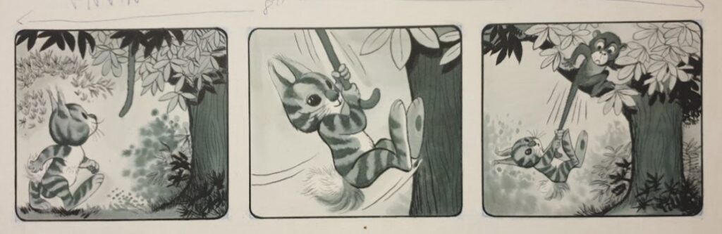 This art for “Tog”, which appeared in Pippin in 1968 is, we believe, the work of Bill Mevin. He’s perhaps best known for his work on TV Comic‘s “Doctor Who” strip and his work on later episodes of “The Perishers” with Maurice Dodd for the Daily Mirror.