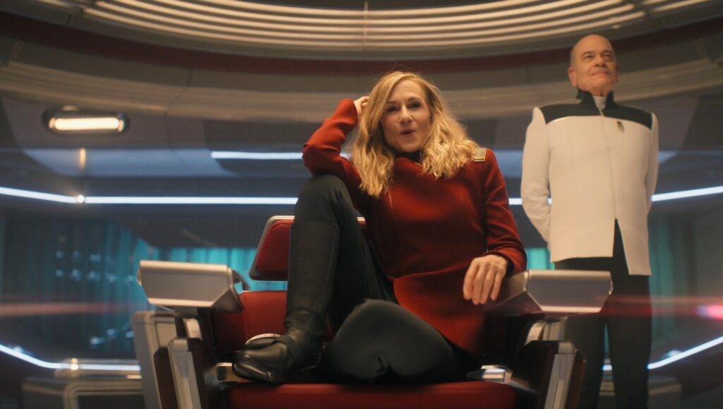 Holly Hunter as half-Lanthanite Captain Nahla Ake – also the chancellor of the school where eager students train to explore the galaxy – and Robert Picardo as The Doctor in Star Trek: Starfleet Academy | Photo: CBS/Paramount+