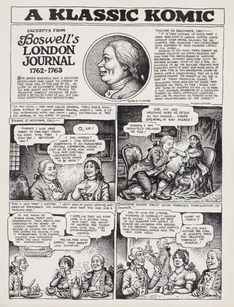 The opening page of Robert Crumb’s A Klassic Komic: Boswell’s London Journal 1762-1763, 1981