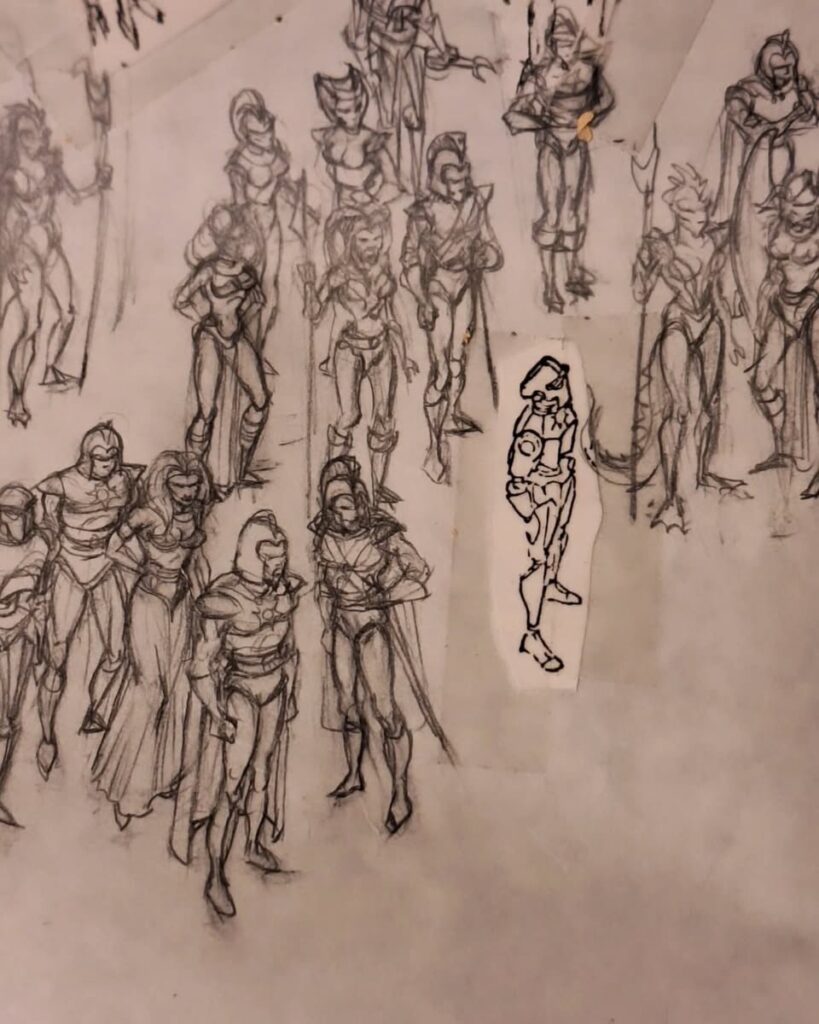 This preparatory pencil drawing for Flash Gordon: The Greatest Adventure of All really caught Neil’s attention: a scene from Ming's palace, showing the denizens of Mongo, all carefully sketched out. Extra figures have been photocopied and pasted into the scene. This drawing would have next been traced onto animation cels. “It's lovely seeing the skill of the artist drawing each figure so strikingly,” Neil Cole notes