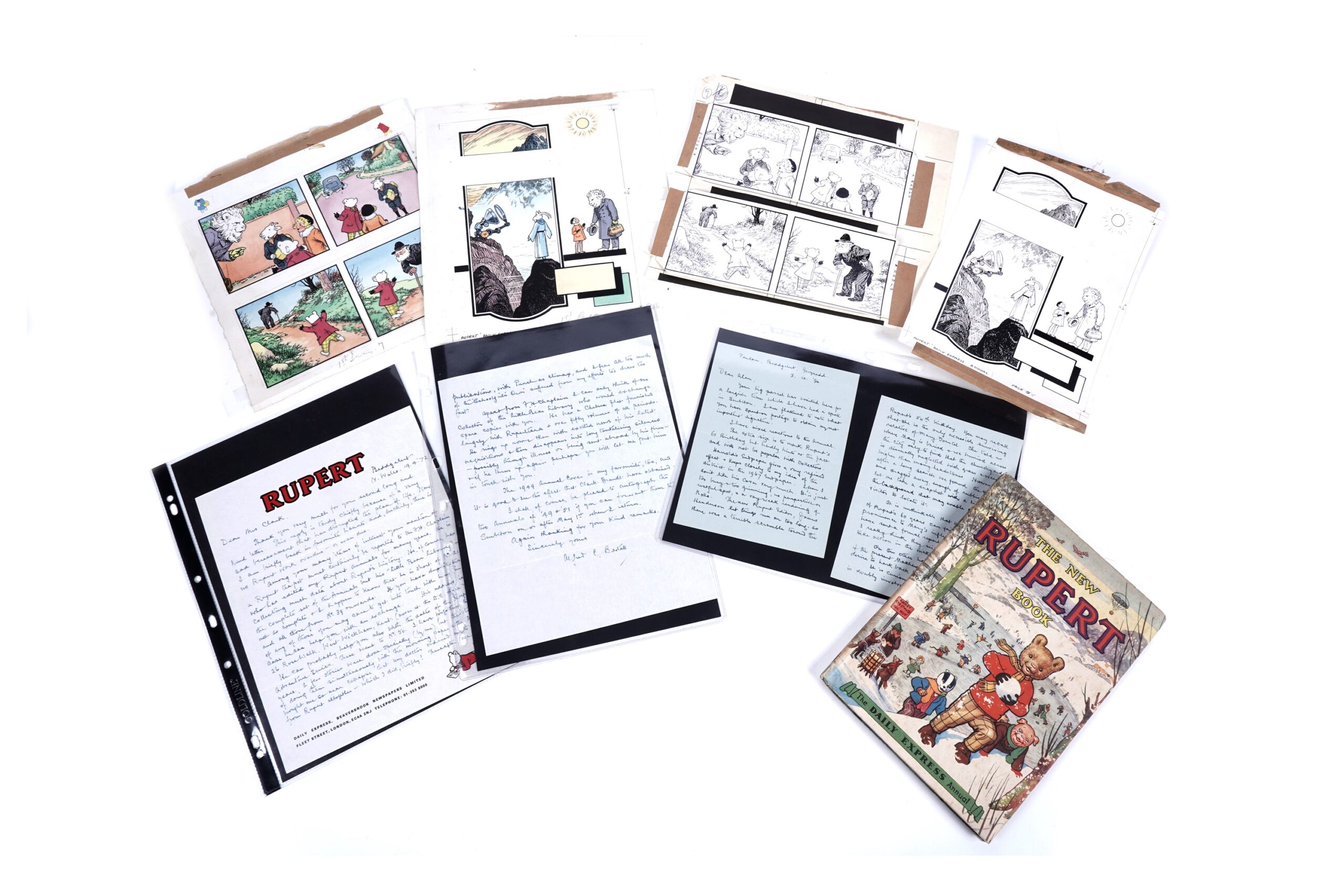 Original artwork by Alfred Bestall for the 1951 Daily Express Ruper Annual, comprising monochrome and coloured proofs of page 5 (title page) and page 11 “Rupert Asks Old Jarge” for the opening story “Rupert and Doctor Lion”; offered together with a manuscript two-page letter to Mrs A. Clark, London, on Daily Express headed paper, 19th of April 1972, and another two-page manuscript letter discussing Alfred’s reaction to the 60th anniversary annual (including his reservations about John Harold’s front cover), dated 3rd of September 1980; and a copy of the 1951 annual.