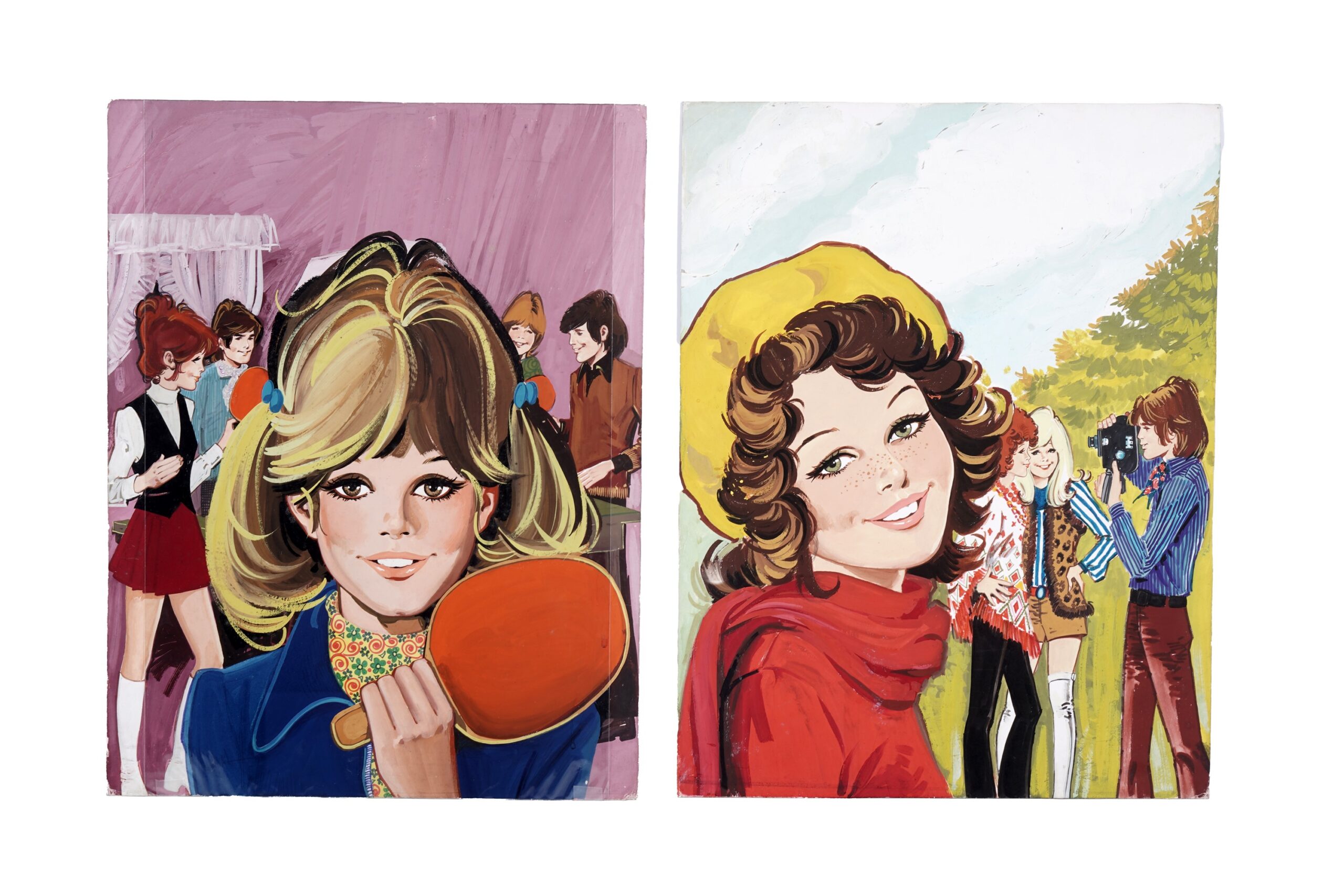 Original front cover artwork for Fleetway Publication’s girl’s comic Princess Tina by artist Purita Campos, published February 13th, 1971, gouache on boards, 45.5 x 35cms, unframed. (a pair)