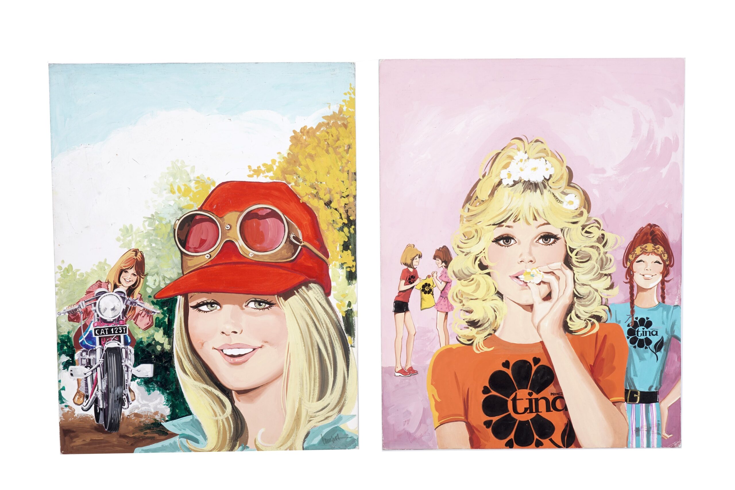 Original front cover artwork for Fleetway Publication’s girl’s comic Princess Tina by artist Purita Campos, published 17th of June 1970, and 9th of September 1972, gouache on boards, 45.5 x 35cms, unframed. (a pair)