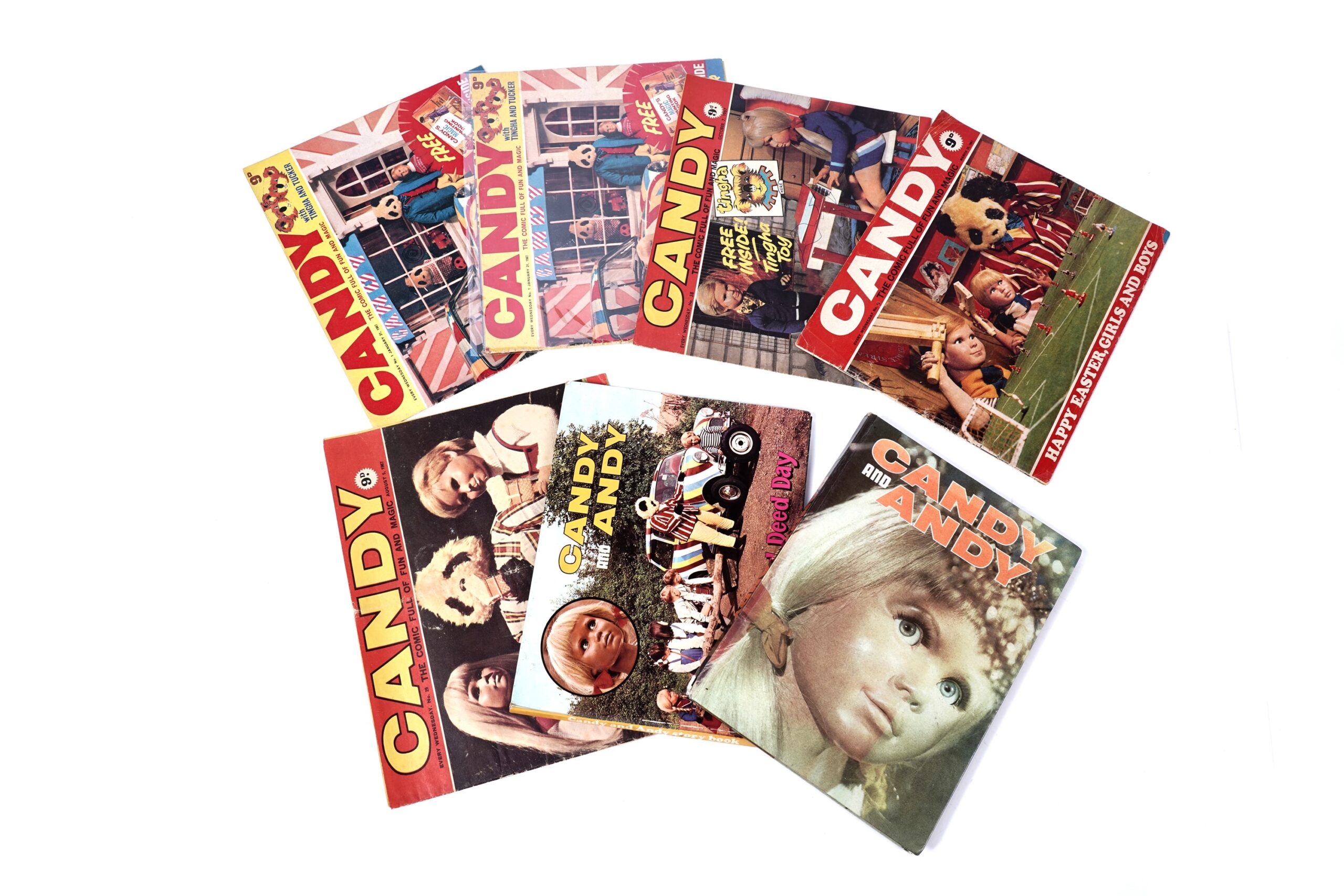 Candy No. 1, Wednesday January 21st, 1967; together with issues no’s. 10, 29, 38, and copy of issue no. 1 with slightly damaged interior and cut pages, by Century 21 Publications; and The Candy and Andy Storybook, in hardback 1968; and The Candy and Andy Annual 1968.