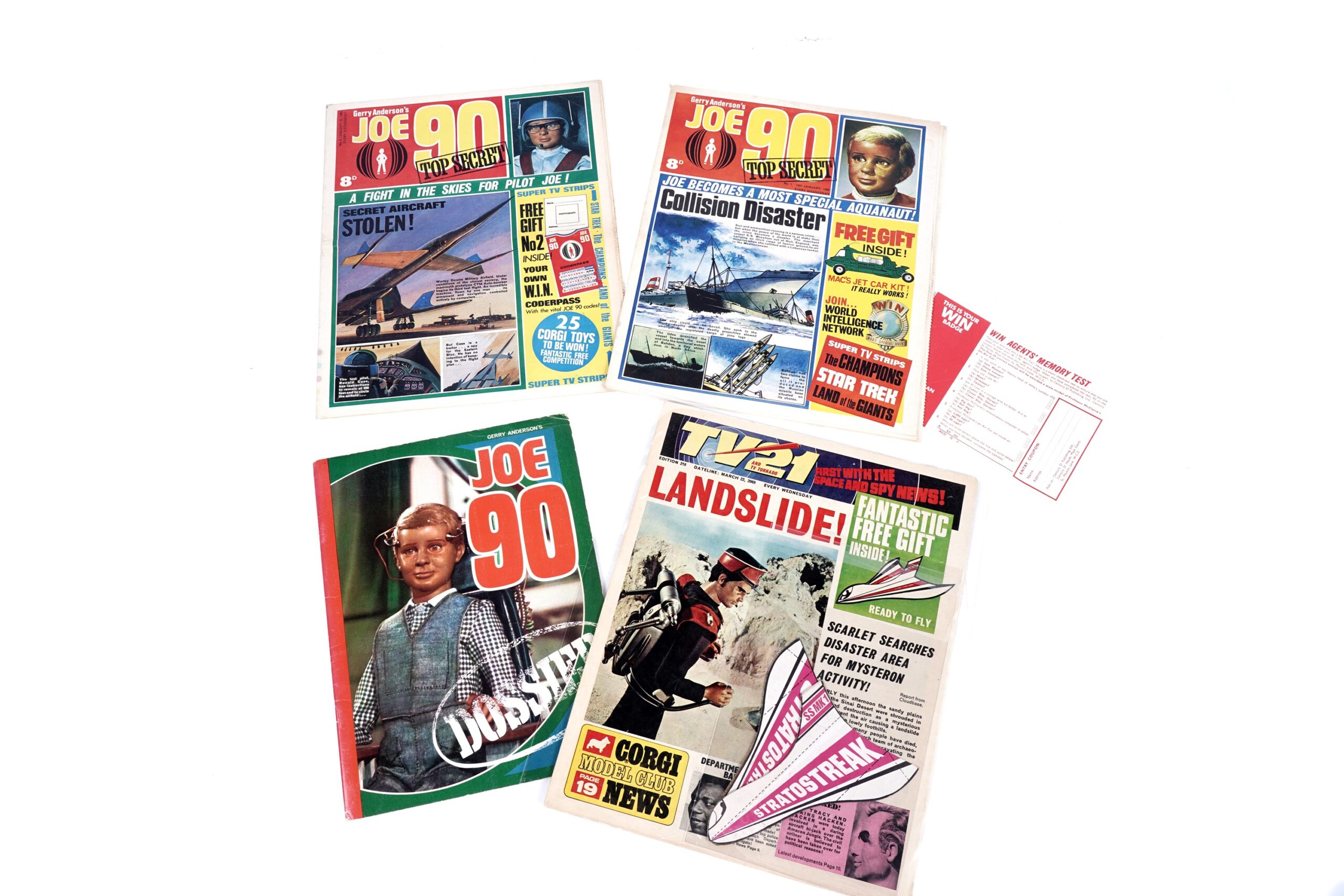 Gerry Anderson’s Joe 90 No’s. 1 (18th January 1969) and 2 (January 25h 1969), with rare 'World Intelligence Network Memory Test' coupon; Joe 90 dossier booklet; and TV 21No. 218, March 22nd 1969, with 'Captain Scarlet Stratostreak Glider' giveaway.
