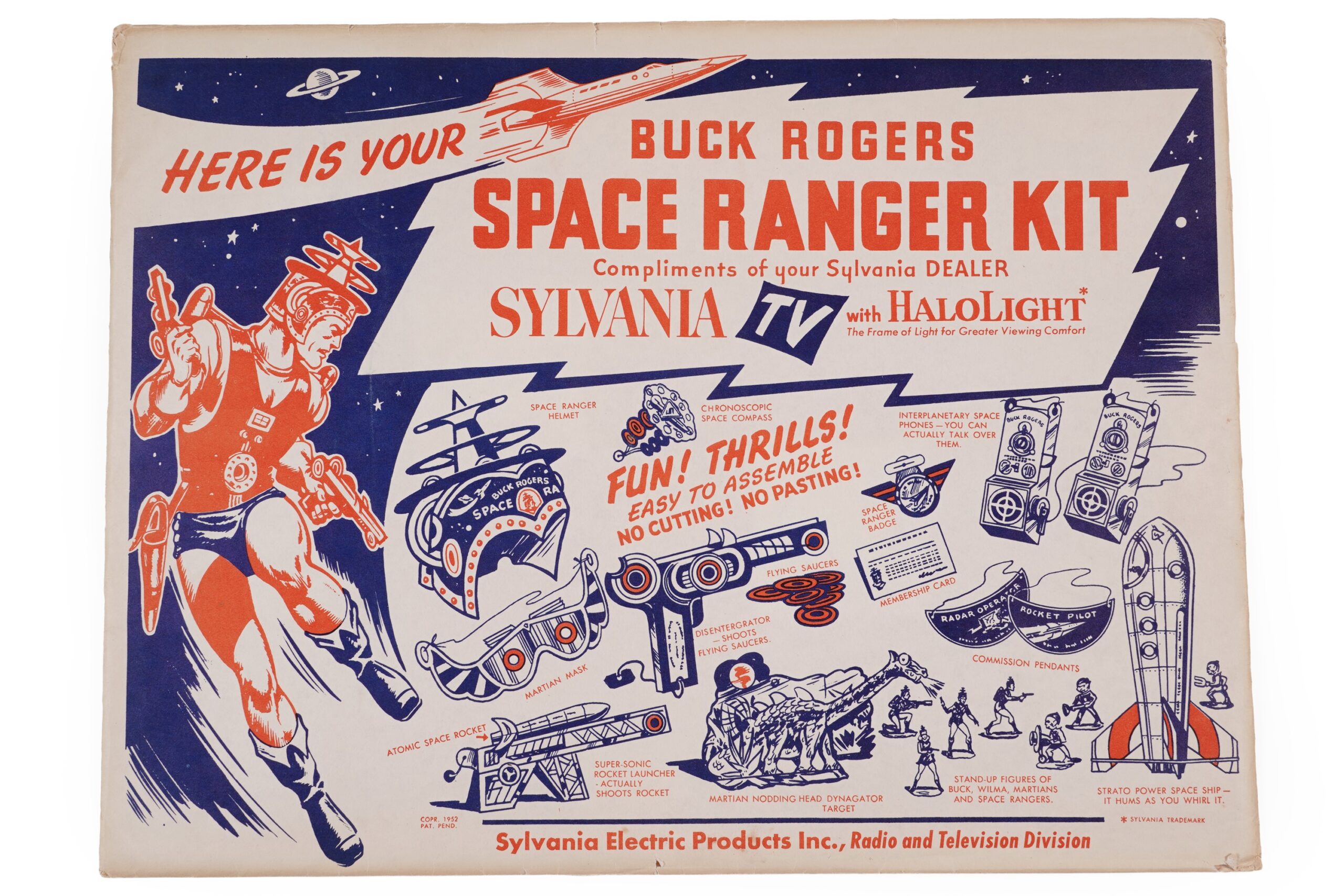 An unopened Buck Rogers Space Ranger Kit, promotional toy given with Sylvania Television sets, containing Easy-assemble push-out printed card toys and models, including space ranger hat, mask, disintegrator gun, rocket launch, spaceship, and others; and original printed paper envelope circa 1952.