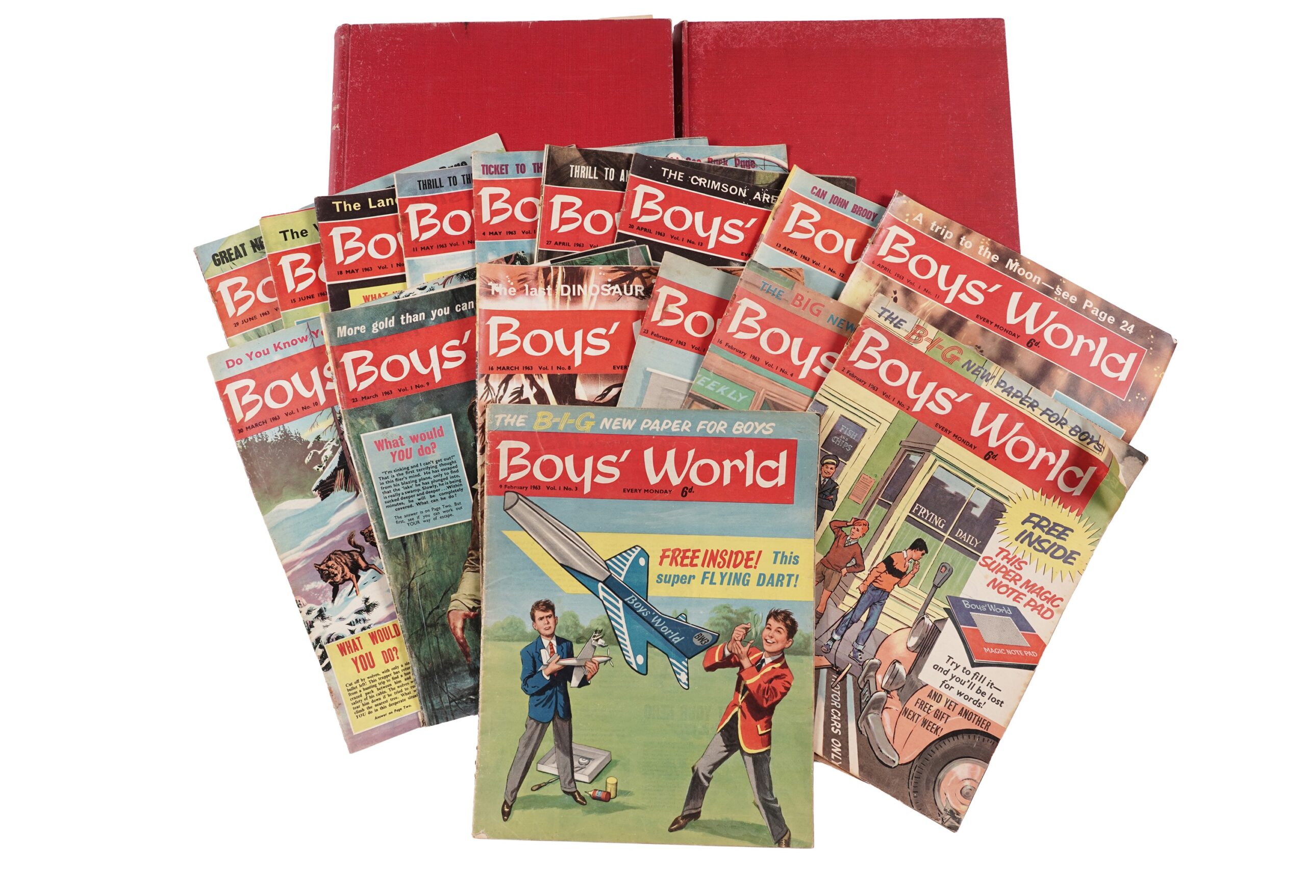 Boys’ World Weekly Volume 1 No. 24 (6th July 1963) through to No. 49 (Christmas issue); and Volume 2 No. 1 (4th January 1964) through to No. 40, 3rd October 1964, Fleetway publisher’s file copies in cloth bindings; together with early unbound copies of Boys’ World comprising No’s. 2-5, 8-17, 20-23.
