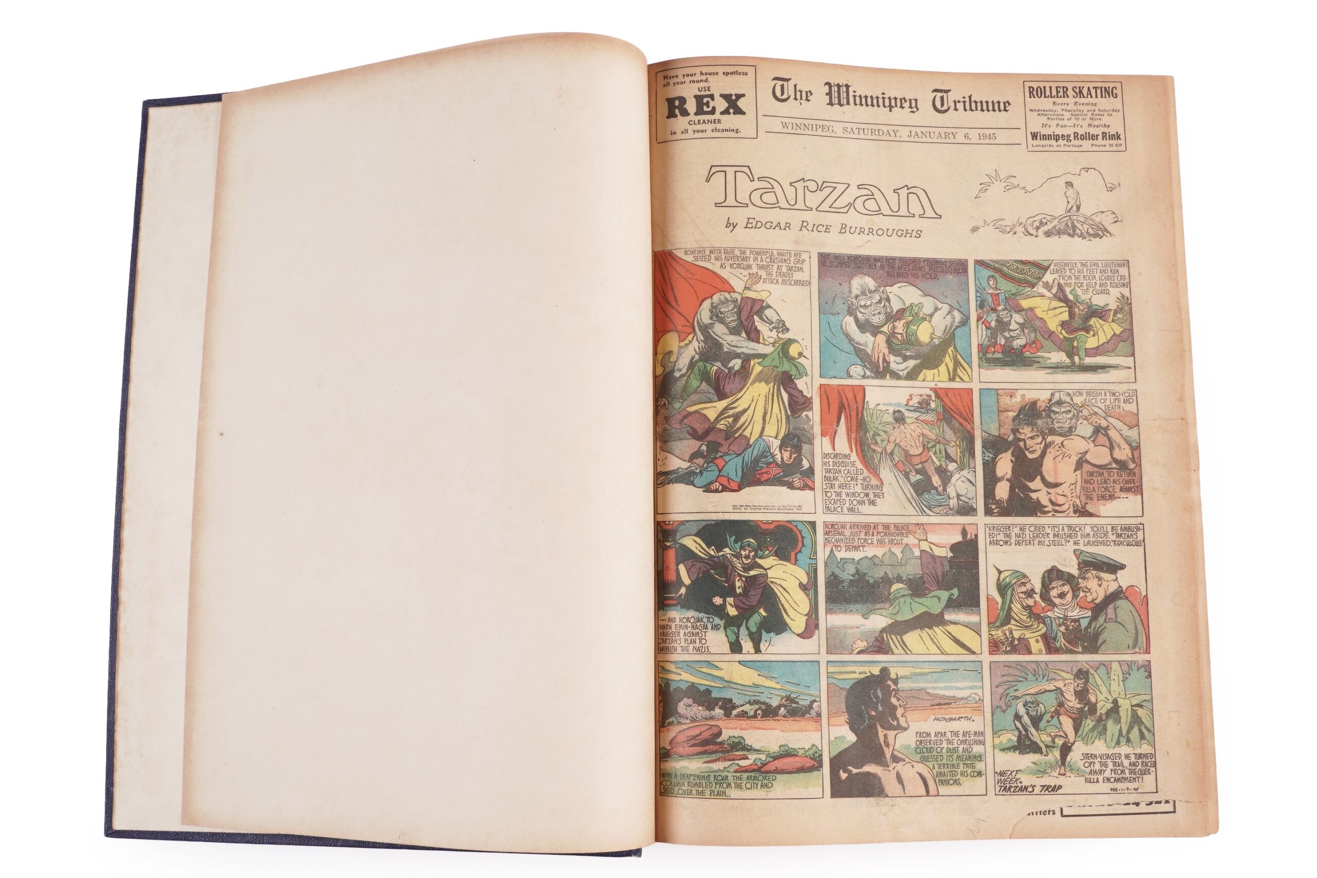 American newspaper comic strips from 1945, taken from Canadian and US newspapers: The Winnipeg Tribune; The Standard, Montreal; The Star Weekly, Toronto; New York Sunday News; and others, featuring Superman, Dick Tracy, Tarzan, The Katzenjammer Kidz, Popeye, The Lone Ranger, Flash Gordon, Terry and the Pirates, and many others, in cloth bindings.