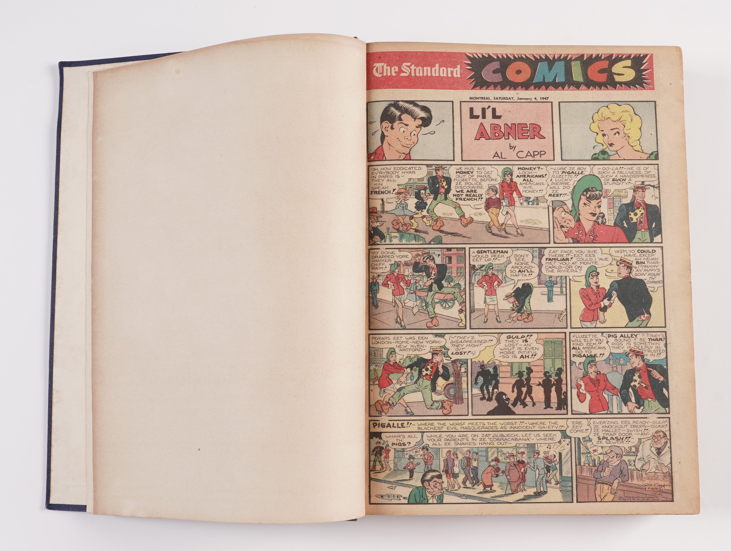 American comics sections as published in The Montreal Standard, January to December 1947, featuring comic strips Li’l Abner, Blondie, Joe Palooka, Little Orphan Annie, Steve Canyon, Superman, Bringing Up Father, and other, in cloth bindings