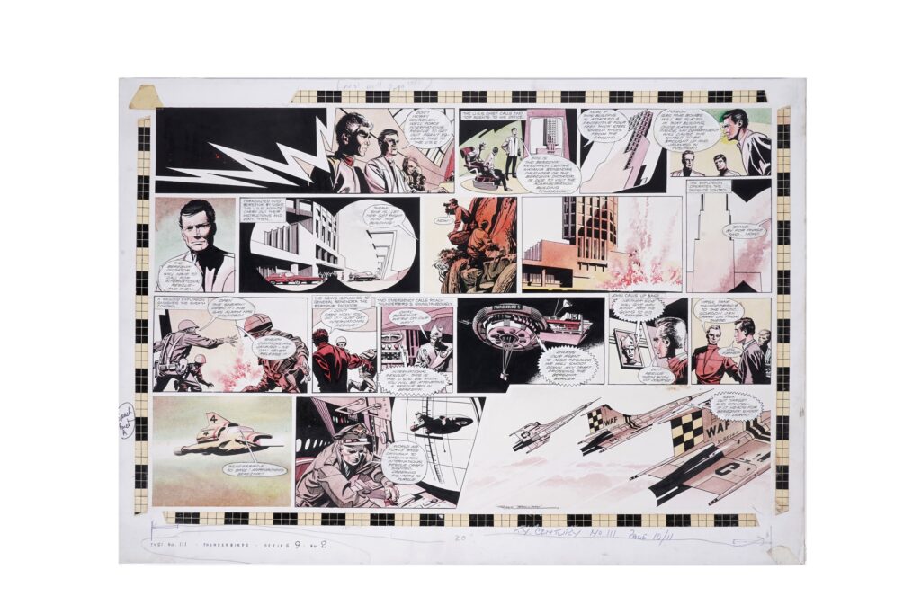 An original artboard by artist Frank Bellamy for the Thunderbirds series 9, published in TV Century 21 Comic No. 111, pages 10 and 11 double spread, coloured inks on artboard signed by the artist, 50 x 70cms unframed.