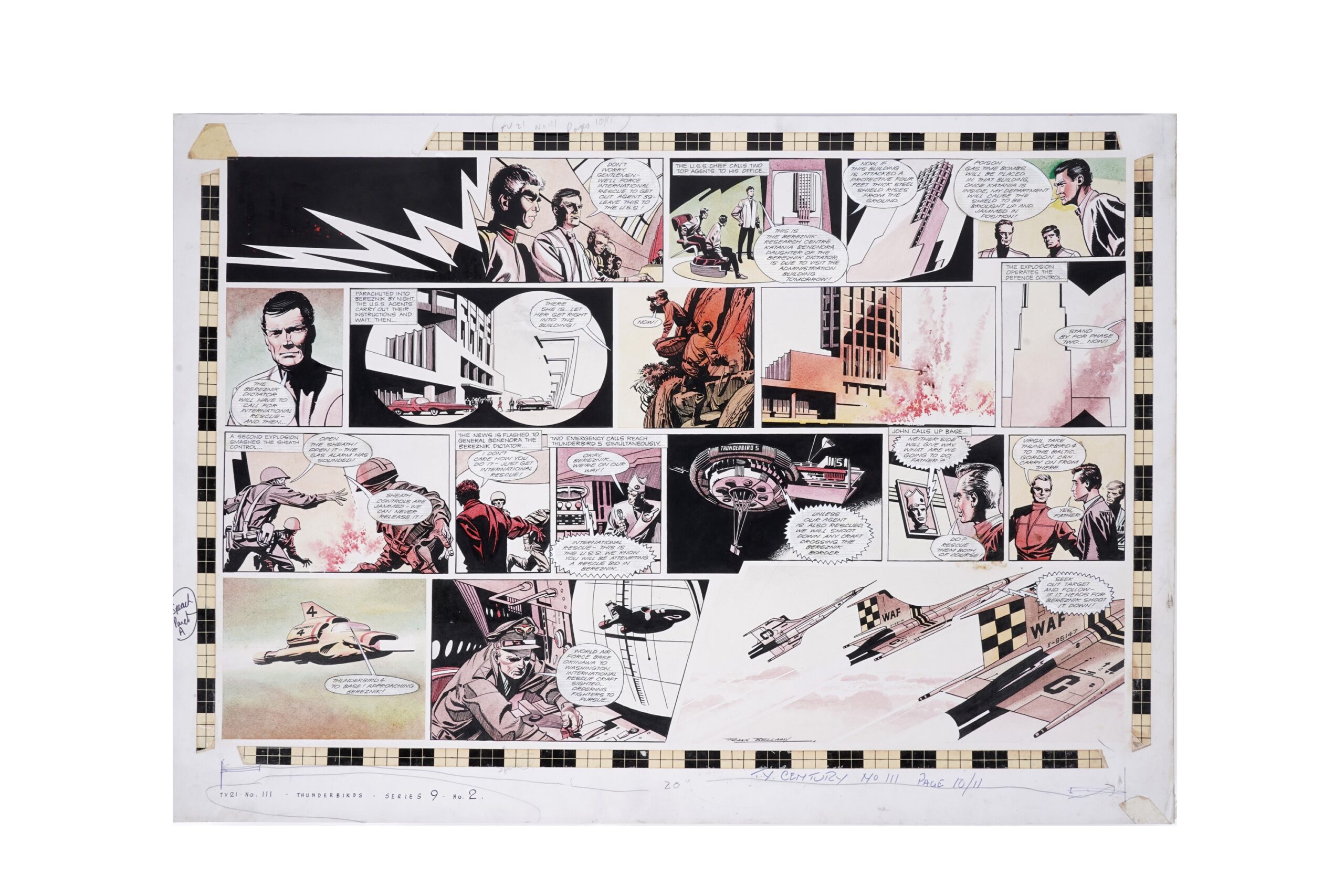 An original artboard by artist Frank Bellamy for the Thunderbirds series 9, published in TV Century 21 Comic No. 111, pages 10 and 11 double spread, coloured inks on artboard signed by the artist, 50 x 70cms unframed.