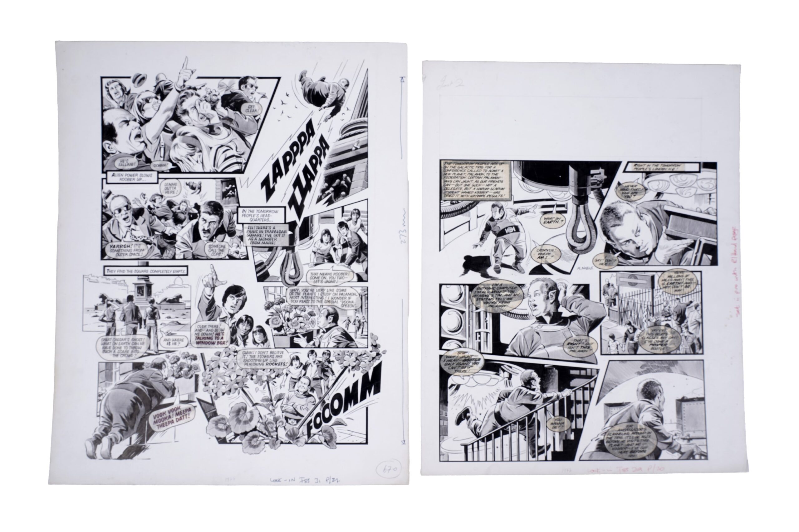 Two original artboards by artist Mike Noble for the comics series The Tomorrow People, published in Look-In No. 31 from 1977, pages 20 and 21, ink and grey wash on artboard, signed by the artist, 49 x 39cms and 46 x 36cms unframed.

The Tomorrow People “The Next Stage of Human Evolution” was based upon a British television series first screened in 1973, writer/creator Roger Price created eight series for broadcast TV. Look-in the Weekly Magazine and TV Guide for Young People ran a contemporaneous comic strip from July 1973 until April 1978.