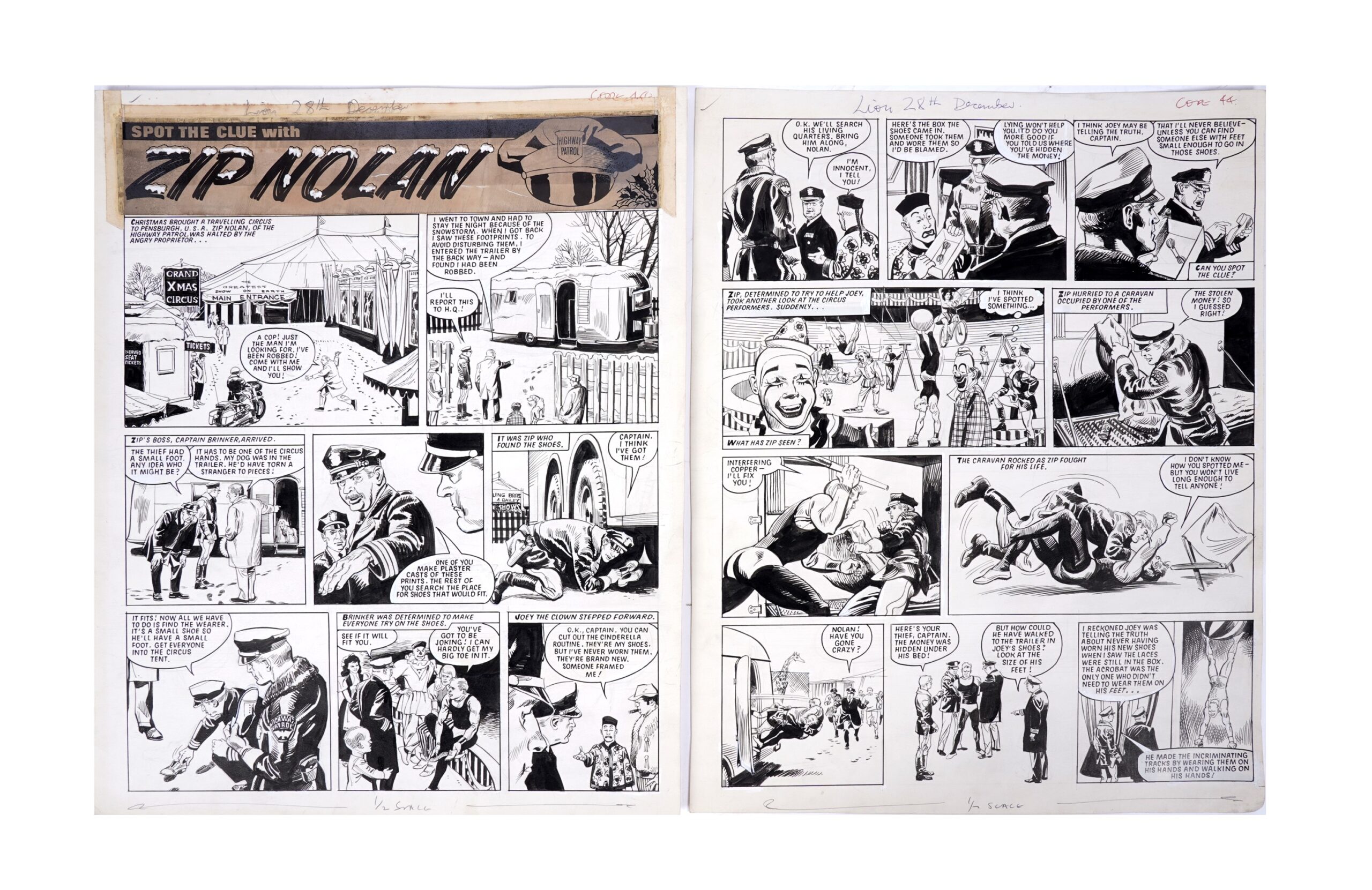A complete two-page story from the series Spot the Clue with Zip Nolan, published in a Christmas issue of The Lion, attributed to artist Roberto Diso, pen and ink on heavy paper stock, each 52.5 x 41.5cms unframed.
