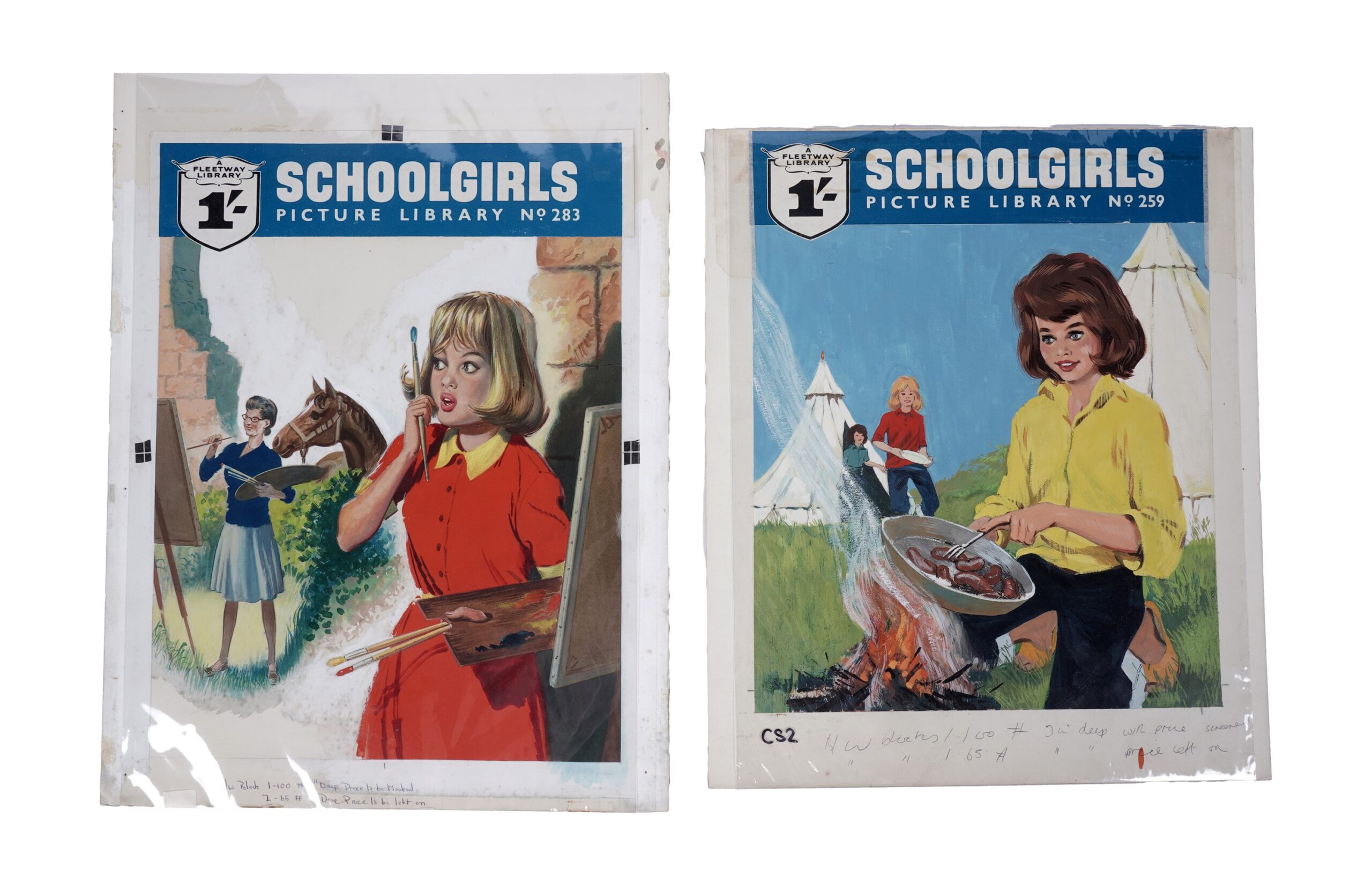Original painted artwork for the girls digest comic School Girls Picture Library No’s. 259 and 283, gouache on artboard, unframed, image size 34.5 x 28cms – overall size of boards 44 x 33.5cms and 39 x 33.5cms. (2)