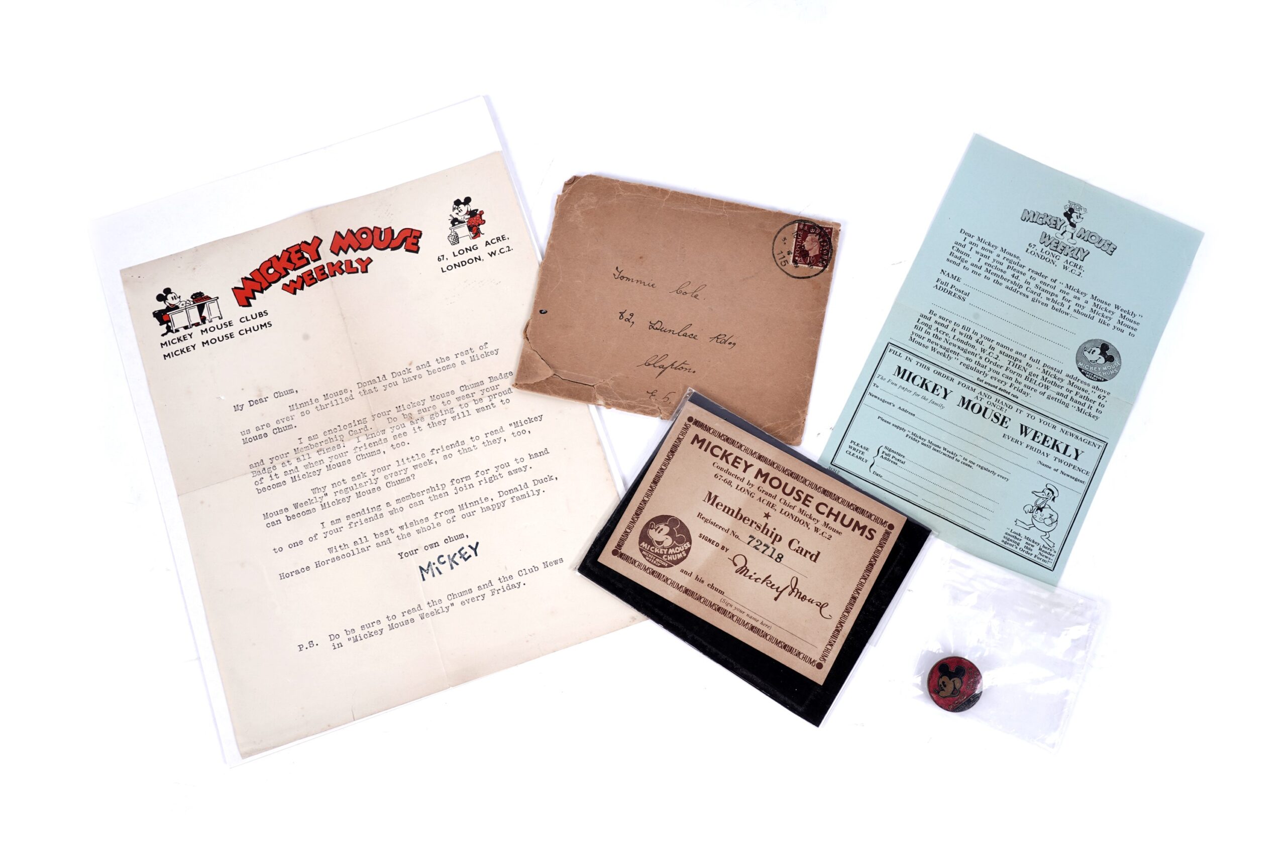 Mickey Mouse Chums membership card, enamel lapel badge and correspondence, including original stamped envelope