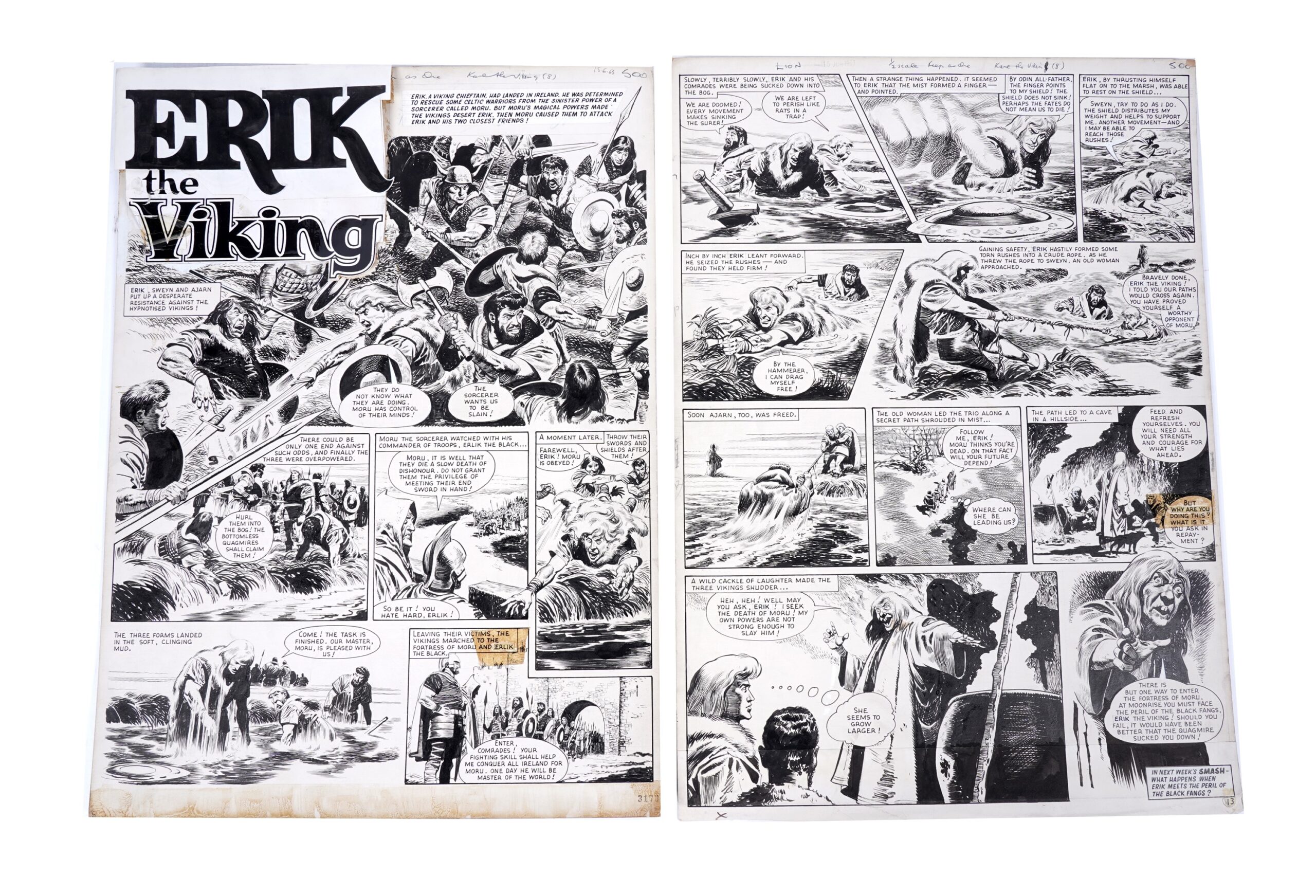 Two original artboards by Don Lawrence for Karl the Viking (renamed Eric in later comics), originally published in the Lion Comic 15th June 1963, later republished in Smash! 13th February 1971, ink on boards, 54 x 40cms unframed.