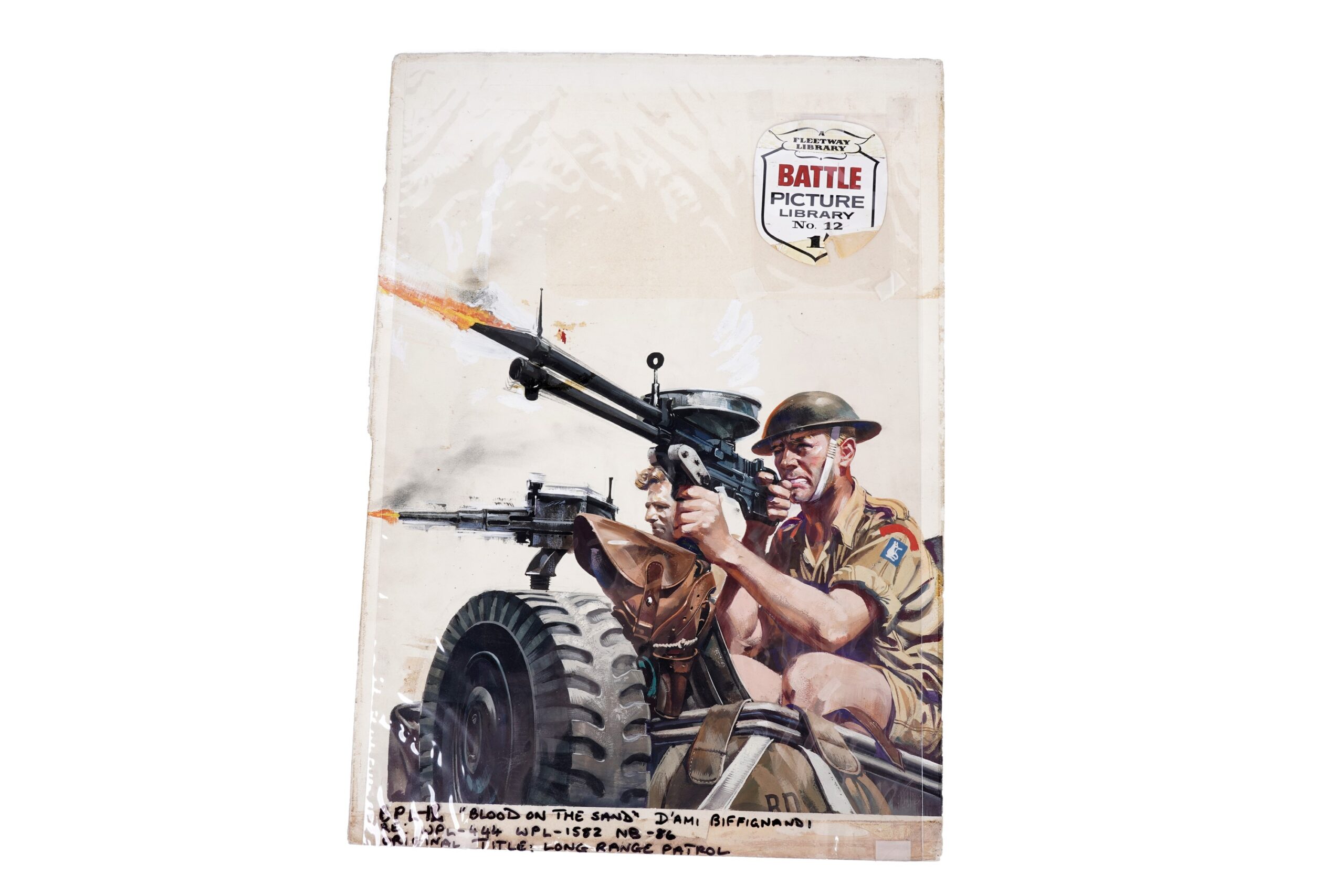 Original painted artwork for the front cover of Battle Picture Library No. 12 “Blood on the Sand”, by Alessandro Biffignandi, gouache on board, image size 42 x 32cms, unframed, with Studio D’Ami stamp to reverse, original published May 1961, reissued as War Picture Library No’s. 444 and 1582.