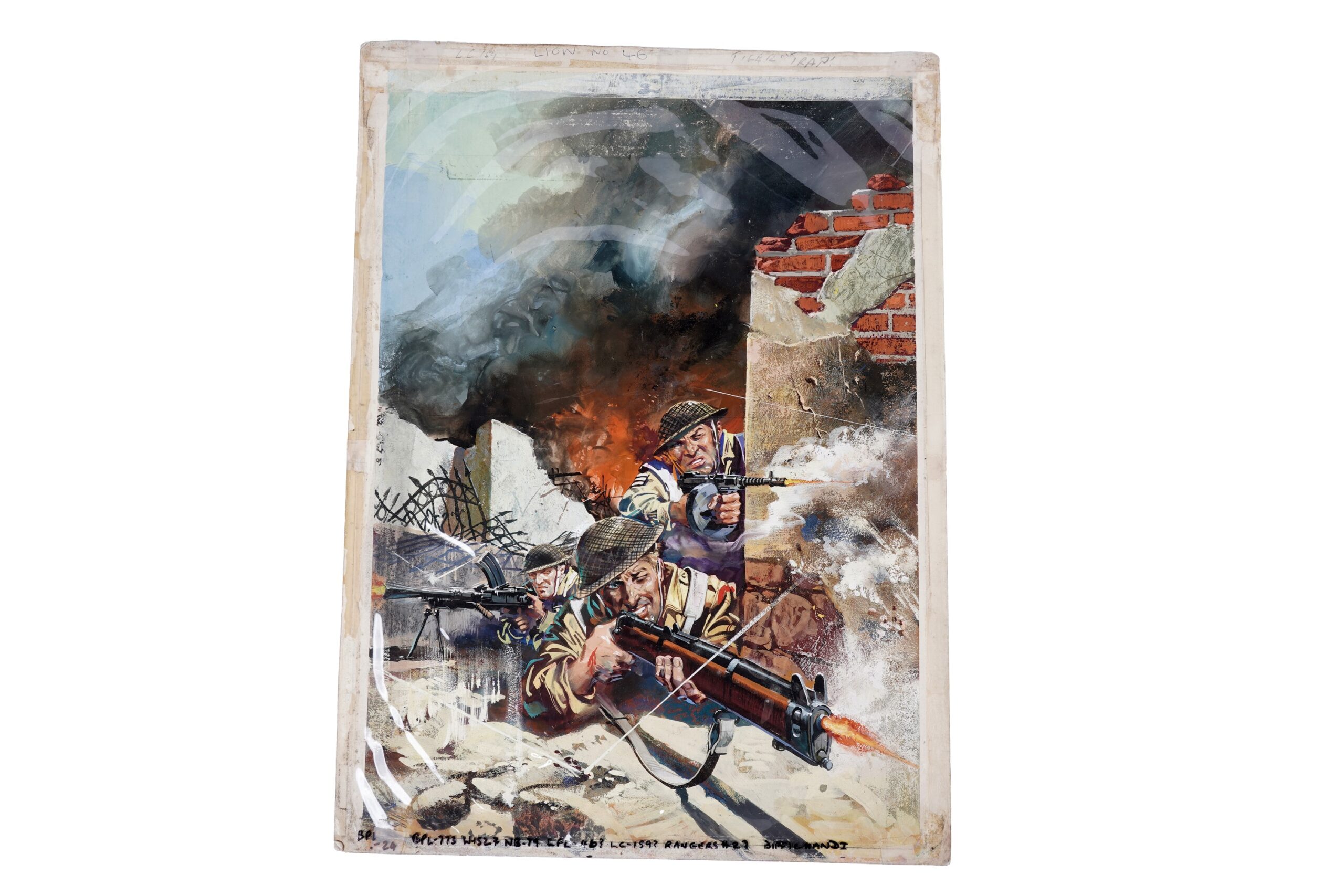 Original painted artwork for the front cover of Battle Picture Library No. 24 “Shoot First”, by Alessandro Biffignandi, gouache on board, image size 48 x 33cms, unframed, with Studio D’Ami stamp to reverse, original published August 1961, republished as War Picture Library No. 1527.