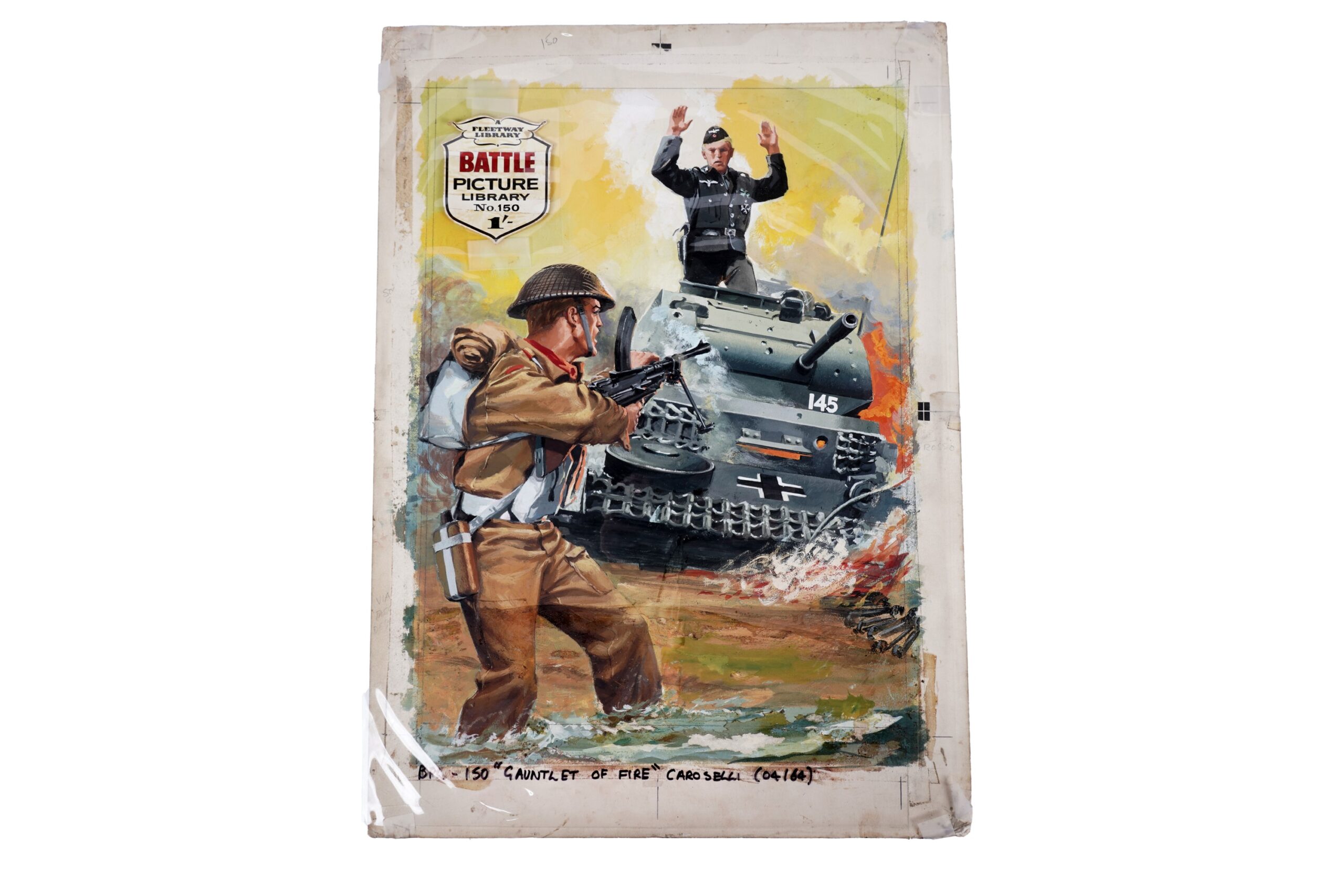 Original painted artwork for the front cover of Battle Picture Library No. 150 “Gauntlet of Fire”, by Nino Caroselli, gouache on board, image size 44 x 32cms, unframed, Studio D’Ami stamp to reverse, original title “Surrender Tank”