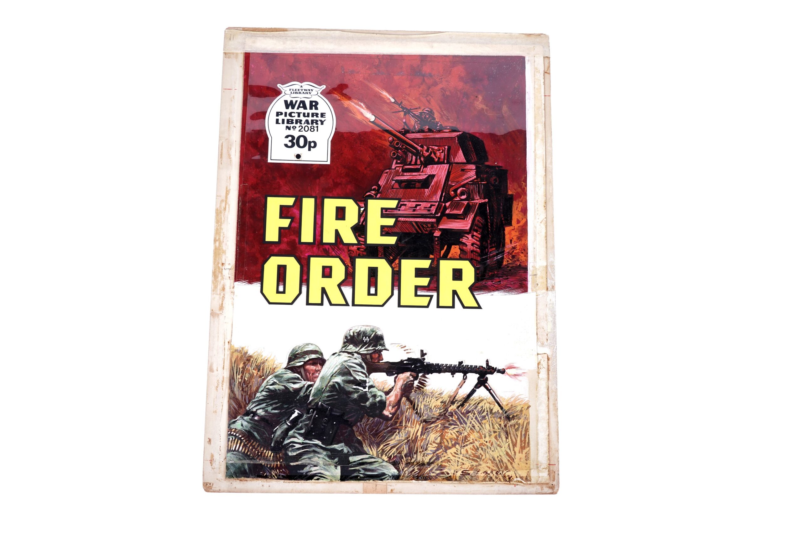 Original painted artwork for the front cover of Battle Picture Library No. 171 “Fire Order”, artist unknown, gouache on board, image size 42 x 30cms, unframed, original published September 1964, republished as War Picture Library No. 652 and Battle Picture Library No. 2081
