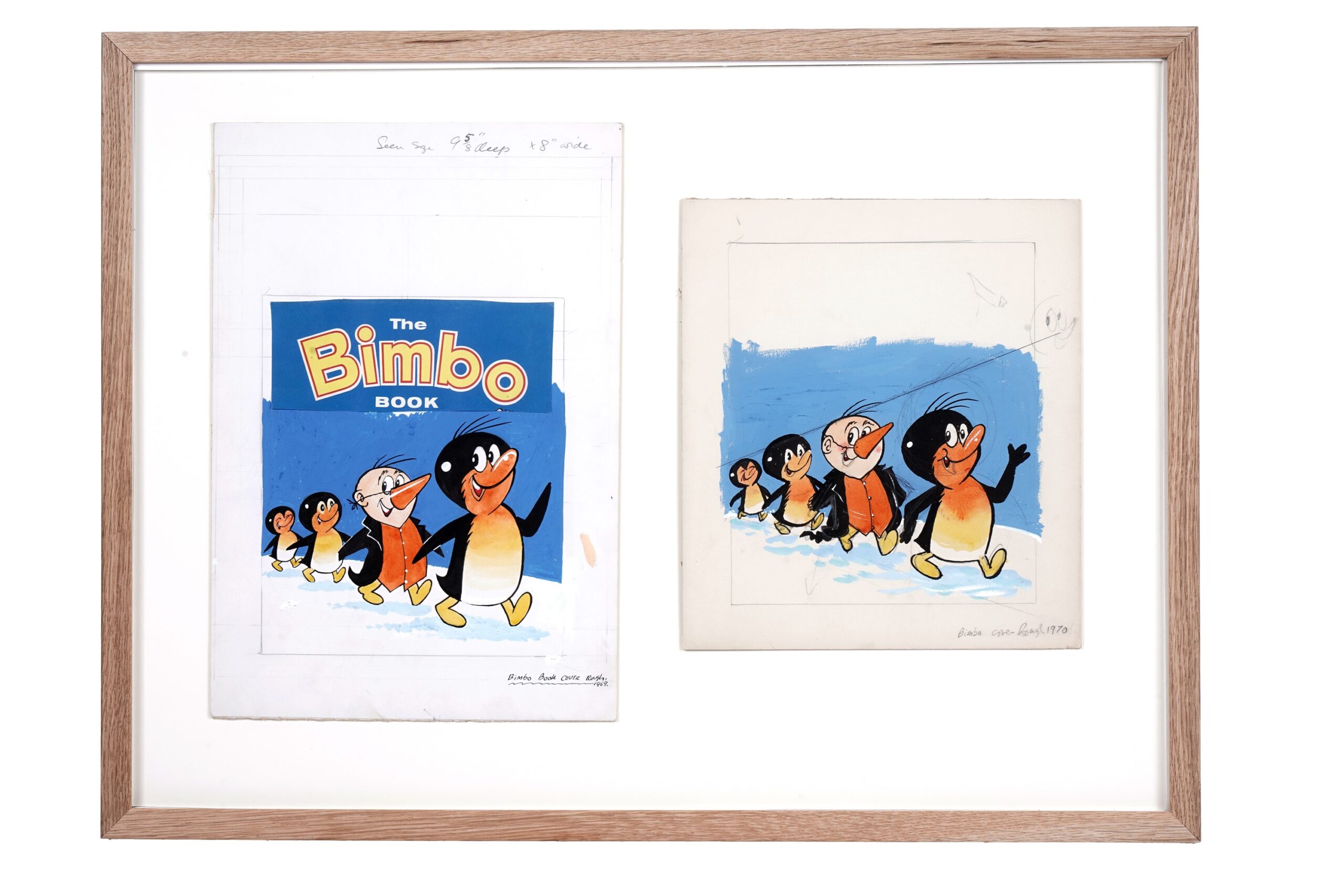 Two rough drafts for the front cover of the Bimbo Book 1969/70, by artist Bill Ritchie, gouache on boards, 40 x 28cms, and 31 x 27cms; presented together in glazed, light-oak frame 55.5 x 75cms external