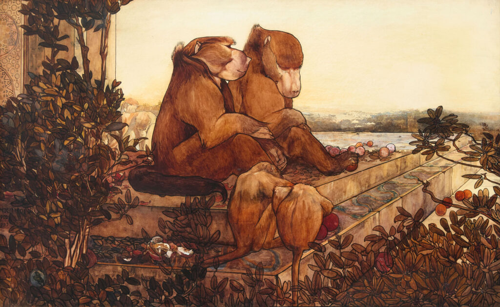 The Jungle Book - “The Cold Lairs”, by Maurice Detmold, signed “M DETMOLD”. It depicts the ruined city of the Bandar-log, the monkey people, combining intricate jungle foliage with animated animal forms that reflect the brothers’ close observation of the natural world