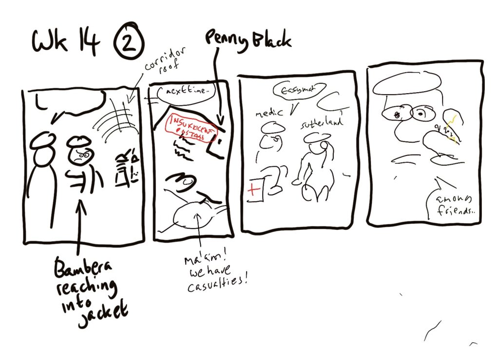 Along with the script, here's the kind of dodgy roughs the poor artists on this strip got from the writer. The dead drop is a nod to a line in the script of Andrew Cartmel's Doctor Who comic story, "Operation Volcano"