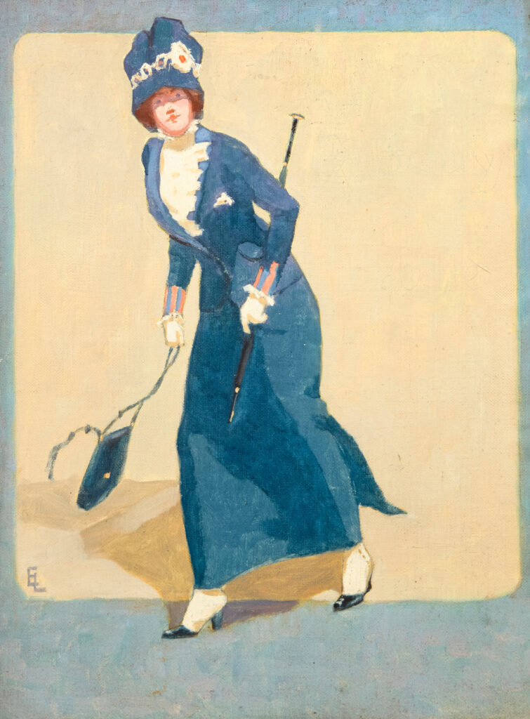 “Elegante au chapeau bleu”, oil on canvas board by French artist Edmond-Edouard Lapeyre (1880-1960)
