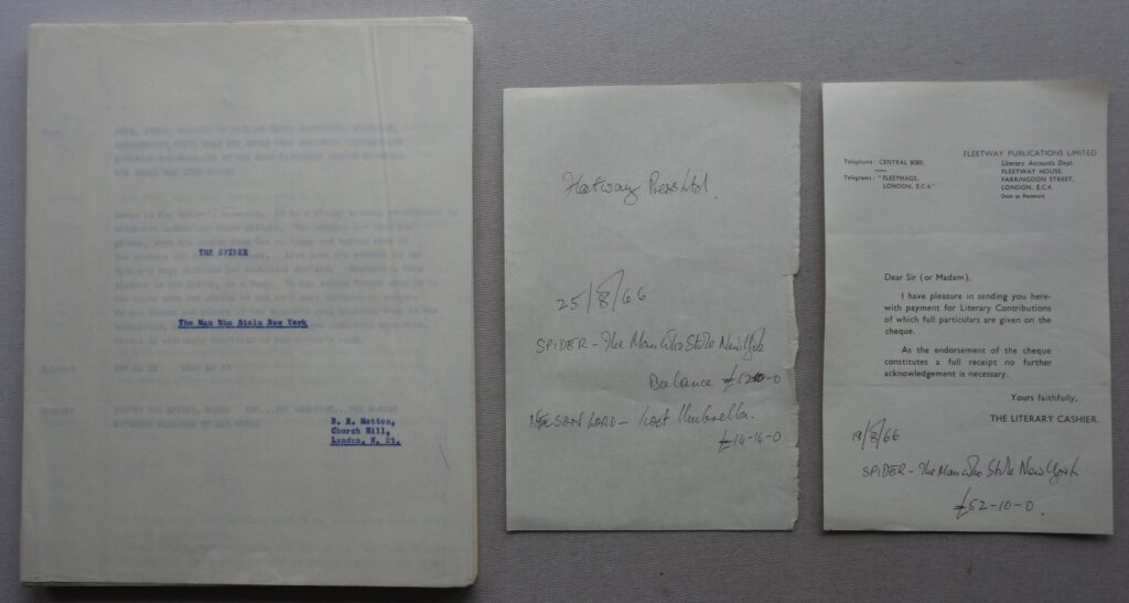 Fleetway Super Library Comic Spider Script 1966 The Man Who Stole New York + Fleetway Letter