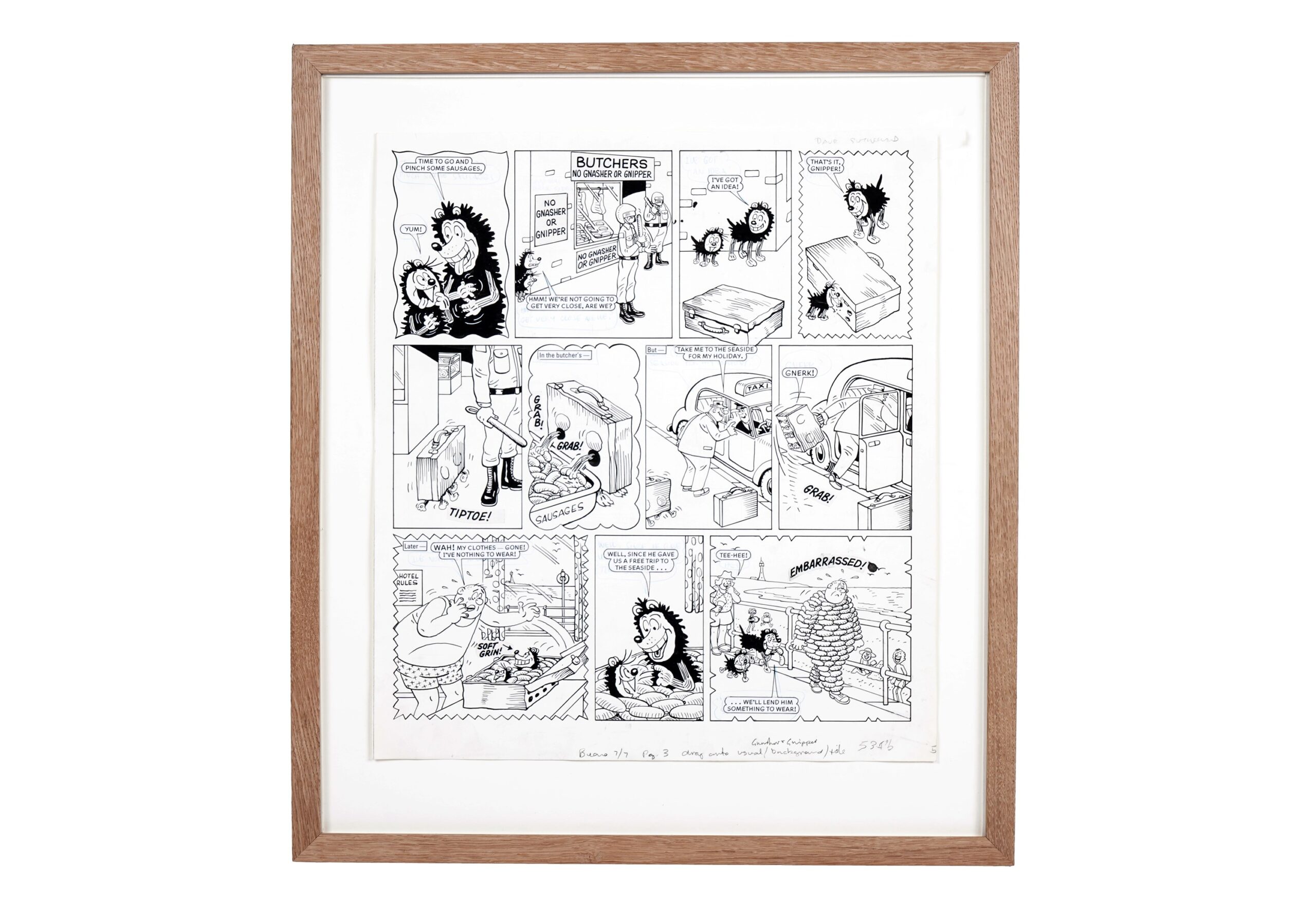 Original comics artwork featuring the Beano characters Gnasher and Gnipper, drawn by David Sutherland, inscribed in pencil “Beano 7/7 Pg.3 draw onto usual Gnasher and Gnipper background/title 53.4%”; Indian ink over pencil, with speech-balloons applied over blue crayon dialogue-indications, on thin card, 45 x 40.5cms; in glazed light oak frame 59.5 x 52.5cms external
