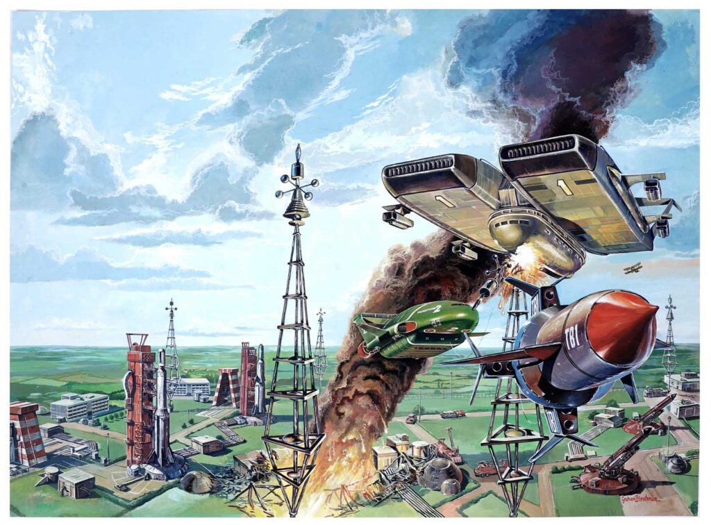 An original painting by Graham Bleathman depicting a scene from the movie Thunderbird 6 (1968) in which Skyship One collides with a radio mast above the missile base at Dover, gouache on paper, signed, 44 x 60cms unframed.