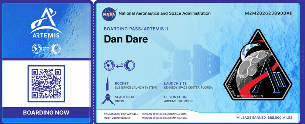 Artemis II virtual passenger Dan Dare