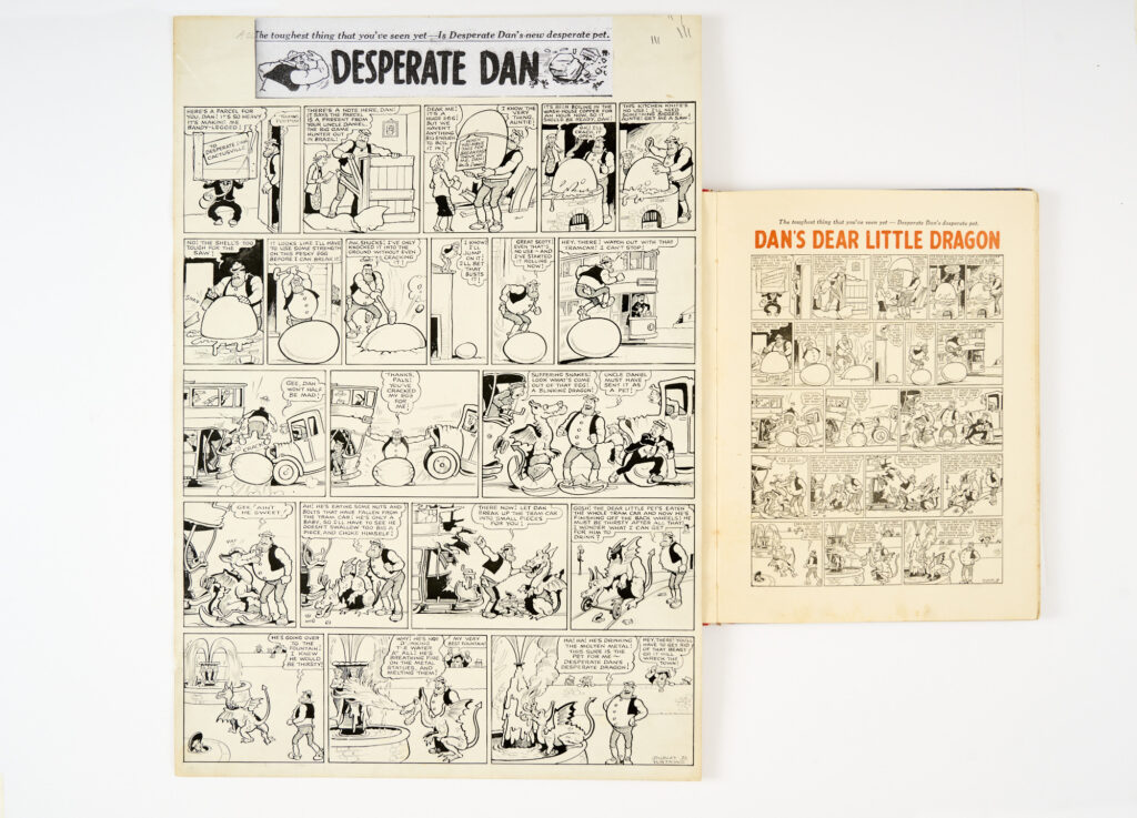 Desperate Dan original artwork (1947) drawn and signed by Dudley Watkins for The Dandy April 12 1947. Starring Desperate Dan's Desperate Dragon. With Desperate Dan Annual (1954) [vg] where the artwork is printed on page 11. Indian ink on cream cartridge paper. 21 x 15 ins