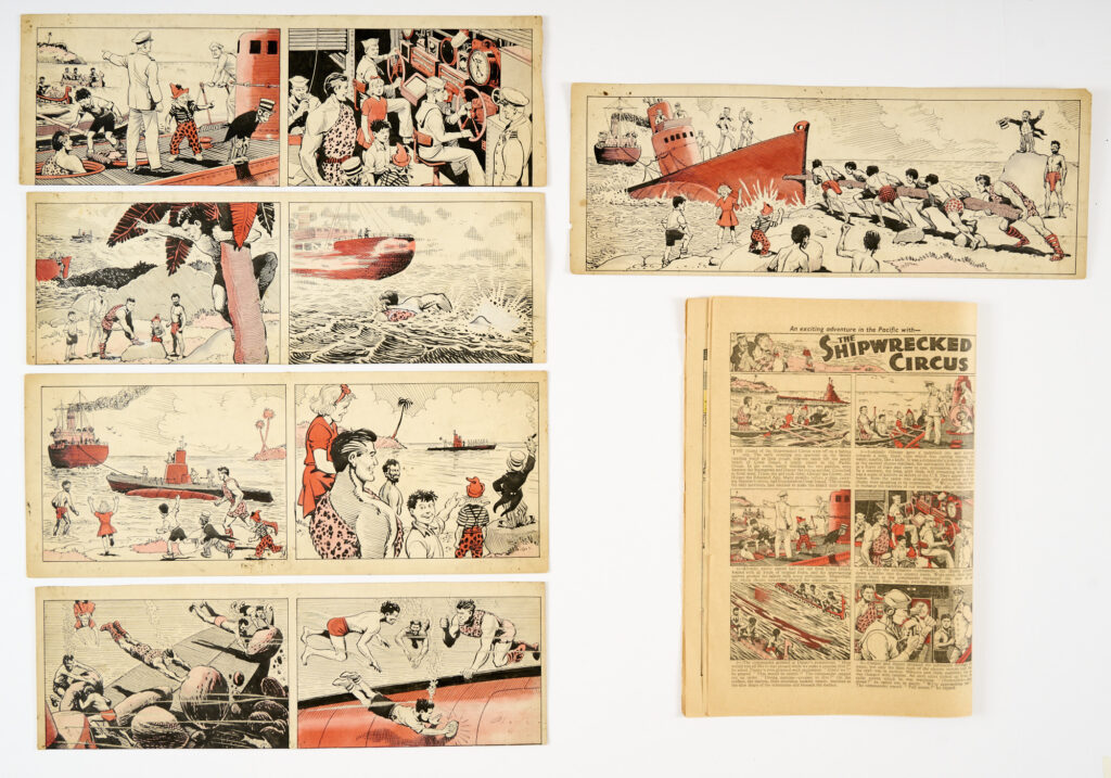 Shipwrecked Circus: Five original artworks (1957) by Paddy Brennan for The Beano No 763 (included) and several further issues with Sampson rescuing the children from the submarine in dangerous shallows. Indian ink with red wash on cartridge paper. 15 x 5-6 ins