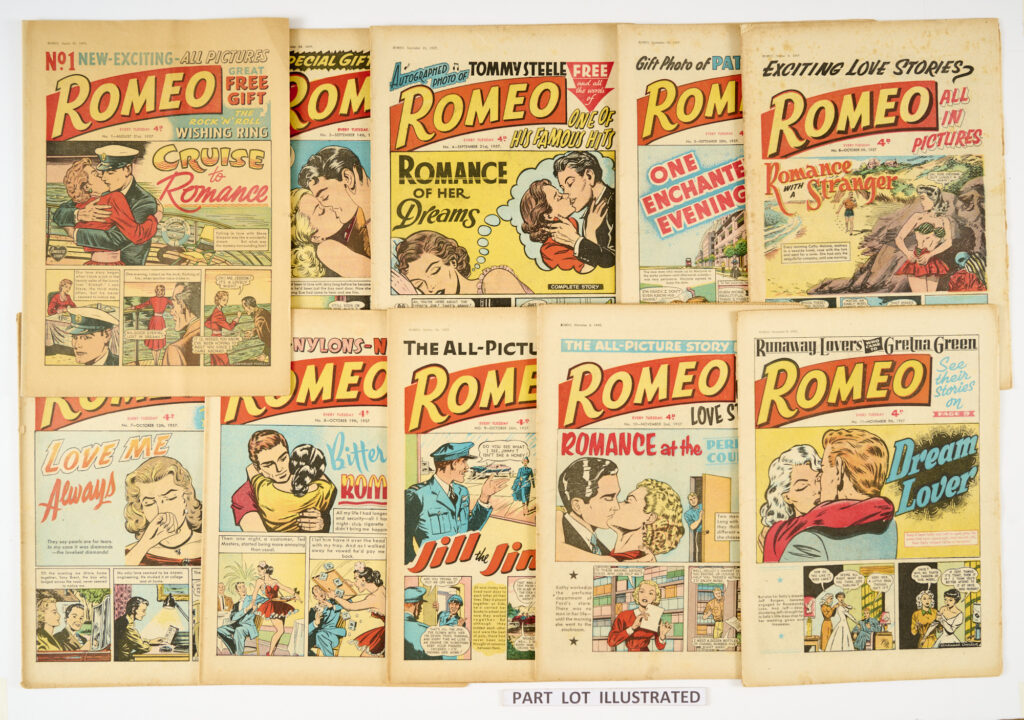 Romeo (1957) 1, 3-13, 18. Romeo championed the rise of British Rock'n'Roll starring Tommy Steel, Cliff Richard, Lonnie Donegan and Billy Fury with all the latest pop picks, U.S. Rockers, Crooners and Pop Stars. No 1 [vg+], balance 12 issues [vg/vg+] (13)