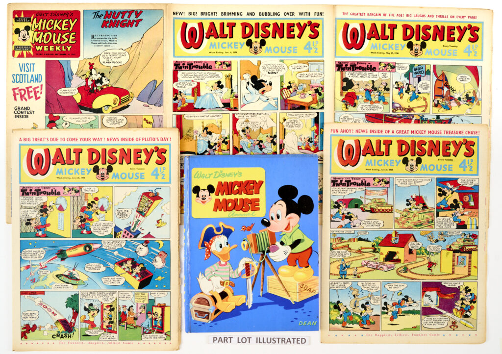 Walt Disney's Mickey Mouse (Mickey Mouse Weekly) (1958) Jan 4 - Dec 27. Complete year, starring Mickey, Morty and Ferdy, Uncle Scrooge, Peter Pan and the crook - Captain Hook. With (1957) 19 issues between July 27-Dec 28 Xmas and (1959) Jan 3, 10, 17, 24 with Mickey Mouse Annuals 1957 & 1958 [fn+]. 11 issues [vg/vg+], balance 63 issues [fn/vfn] (76)