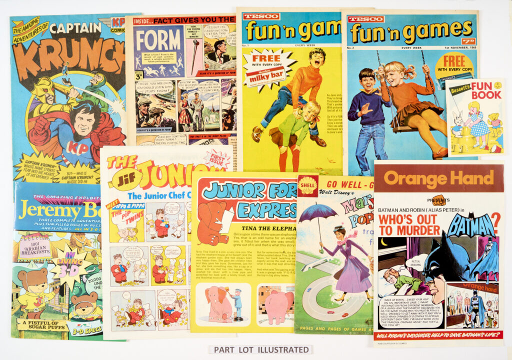 Denis Gifford Archive of Promotional Comics & Booklets (1960-70s)
Bassett's Fun Book, Captain Krunch (KP Nuts), Form (Conservative Party), Fun'n Games 1, 2 (Tesco), Jeremy Bear with 3-D Specs (Quaker Oats), Jif Junior 1 (Jif Lemon Juice), Junior Ford Express (Ford Motor Co.), Mary Poppins Travelling Fun Book (Shell Motor Oil), Meet Mr. Nesquik, Batman and Robin (Orange Hand Clothes Shops), Pete Revell Venturer No 1 (Revell Model Kits), Primo 3, 13 (Lyons Tea), Princess Asgard (Danish Bacon), Ringleader No 1 (Colgate Toothpaste), Wonder No 1 (Esso Petroleum) with letter to Comics historian, Denis Gifford, stating Esso's only file copy of Wonder No 1 included
These issues are scarce. [fn/vfn+] (17)