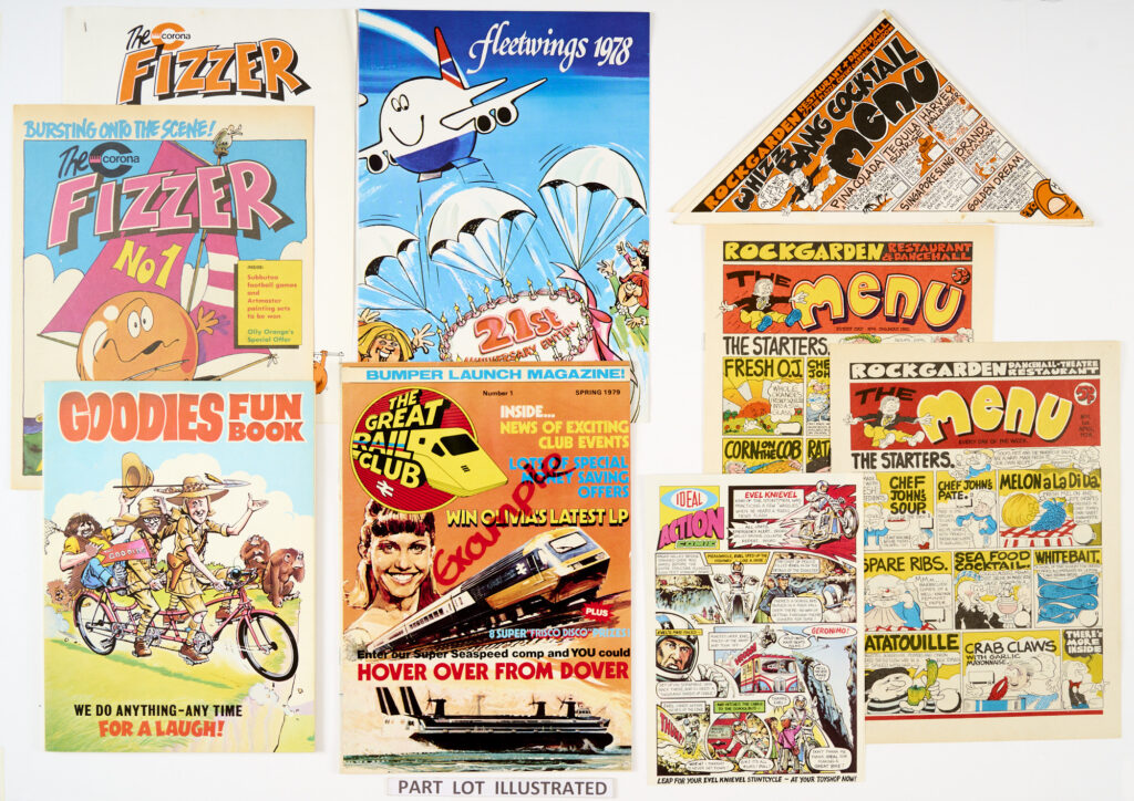 Denis Gifford Archive II (1970s) Promotional comics: The Fizzer: No 1, Spring, Holiday Number, Christmas Fizzer (Corona Soft Drinks) with Fizzer 2pg letter to Denis Gifford, Fleetwings 1978 (British Airways), Goodies Fun Book (Cadbury's Chocolate), Great Rail Club 1 (British Railways), Ideal Action Comic (Ideal Toys), The Menu 1, 4 and Whizz-Bang Cocktail Menu (Rock Garden, Covent Garden), Mr. Spendy (H&B Building Soc), Pinta POW Captain Goodguy (Scottish Dairy Council), The Puzzler 1, 2 (Hammoco Designs Ltd), Smith's Football Crazy News (Smith's Crisps), Sleepy Bear Club (Trust House Forte) and Summer Fun in Brent (Brent Town Hall)
[vfn/nm] (19)