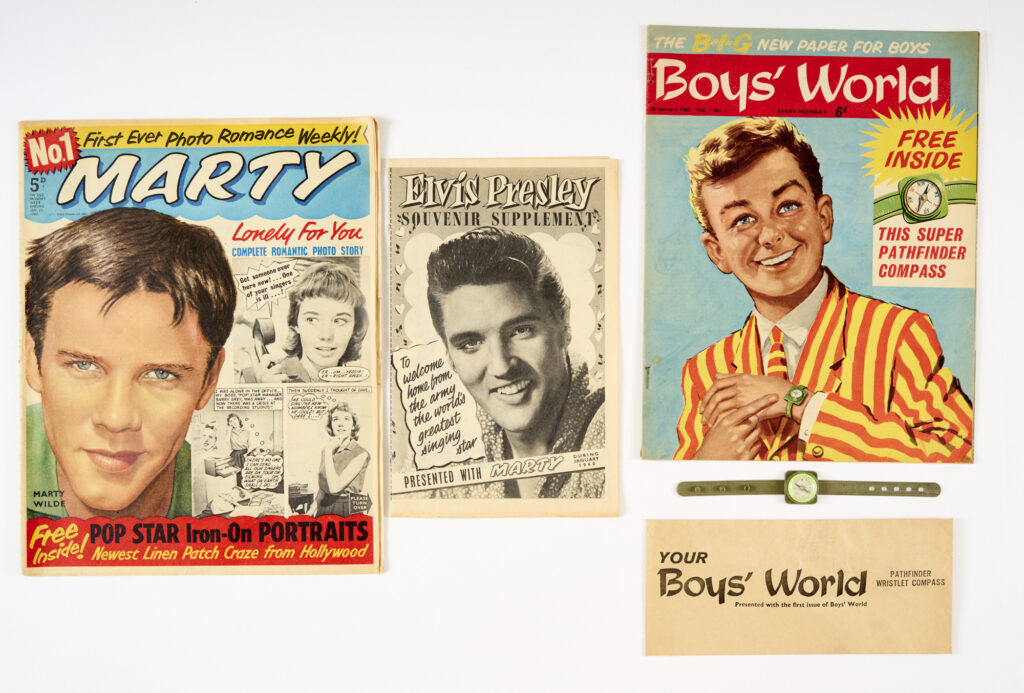 Marty No 1 (1960) with Elvis souvenir four page supplement, and Boys' World 1 (1965) With Free Gift - Pathfinder Wristlet Compass in original envelope
